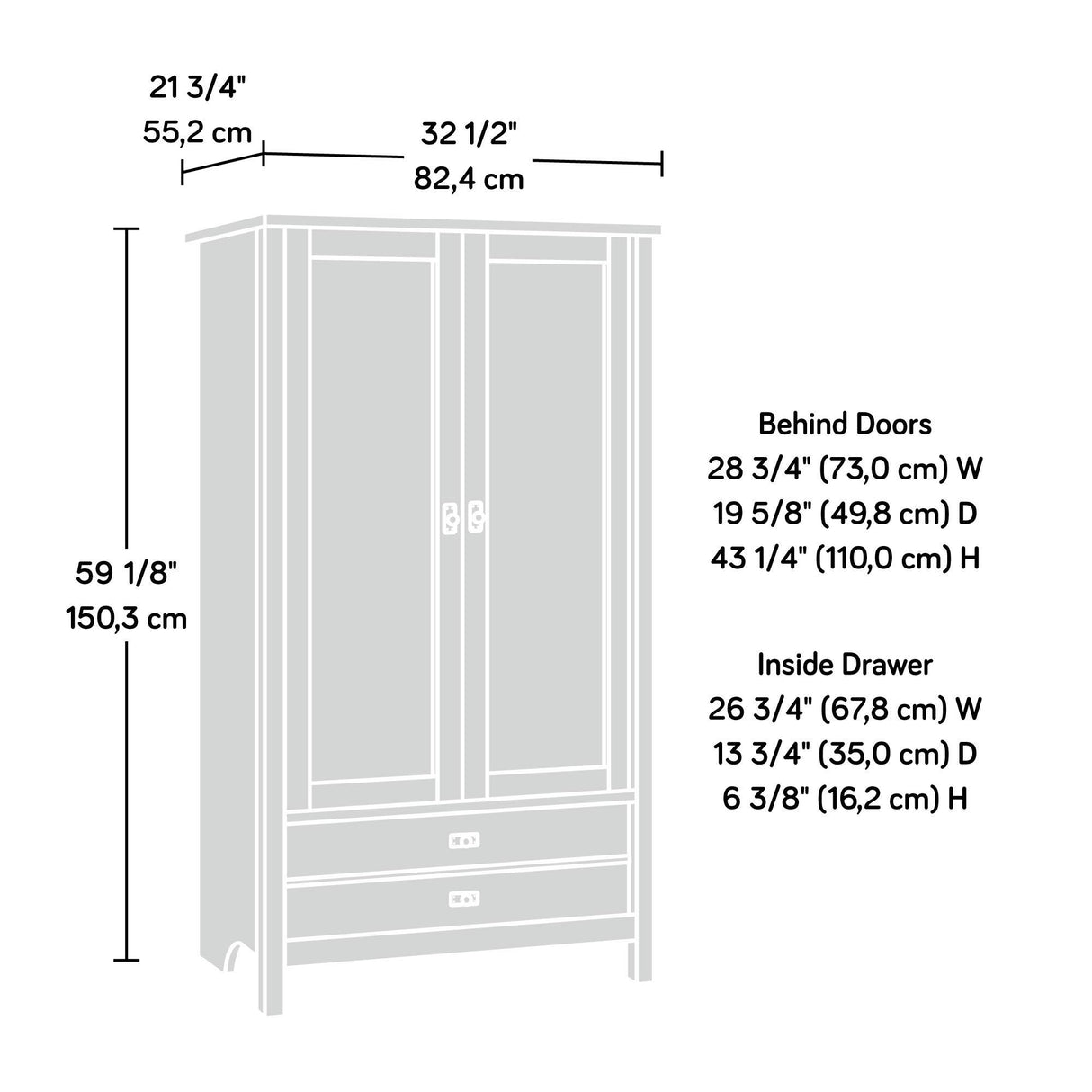 Sauder Cottage Road Armoire, L: 32.44" x W: 21.73" x H: 59.17", Mystic Oak finish Sauder