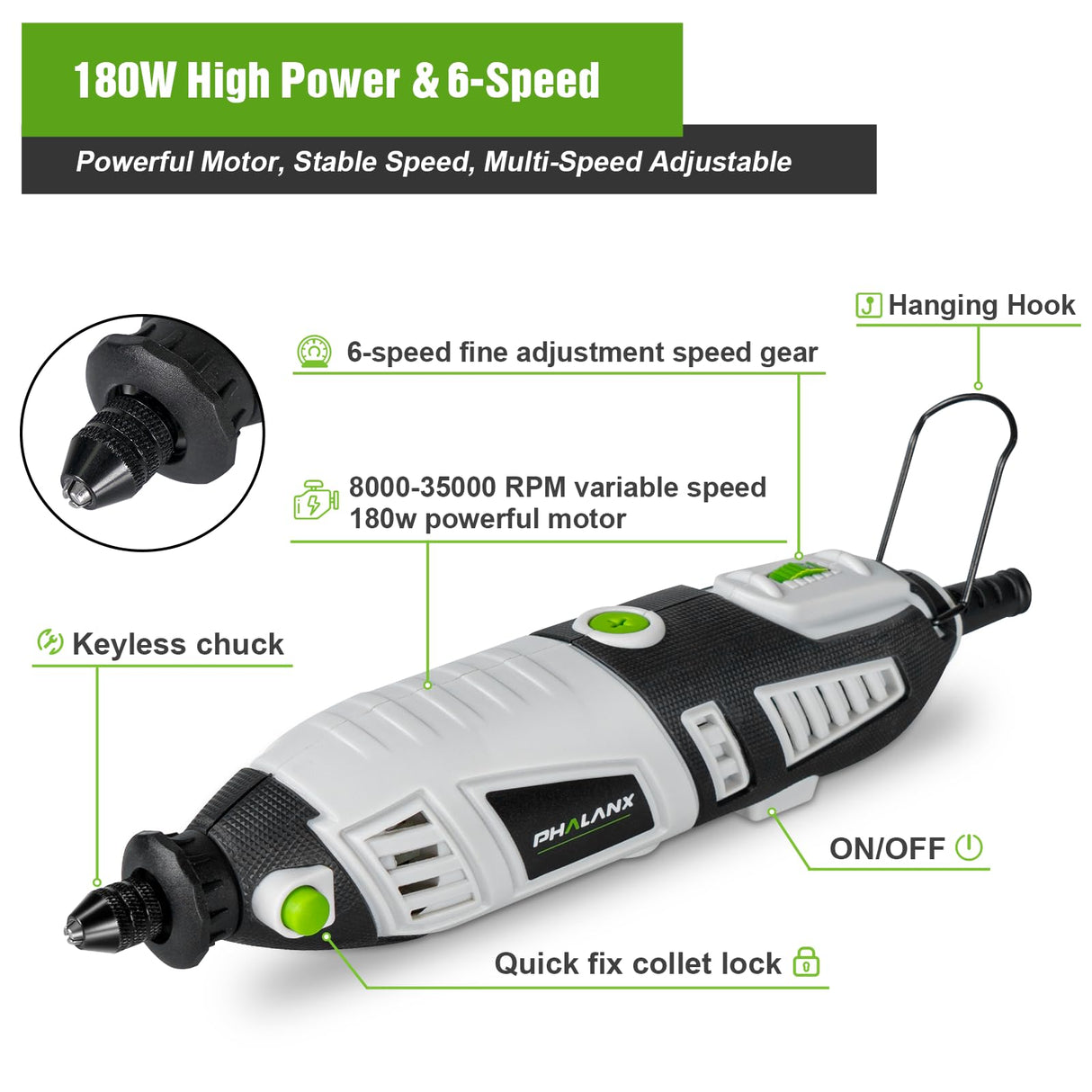 PHALANX 180W Rotary Tool Kit, 1.5-Amp 6 Variable Speed with Flex Shaft, 8000-35000RPM Rotary Multi-Tool& 213pcs Accessories Kit, Power Multiuse Set PHALANX