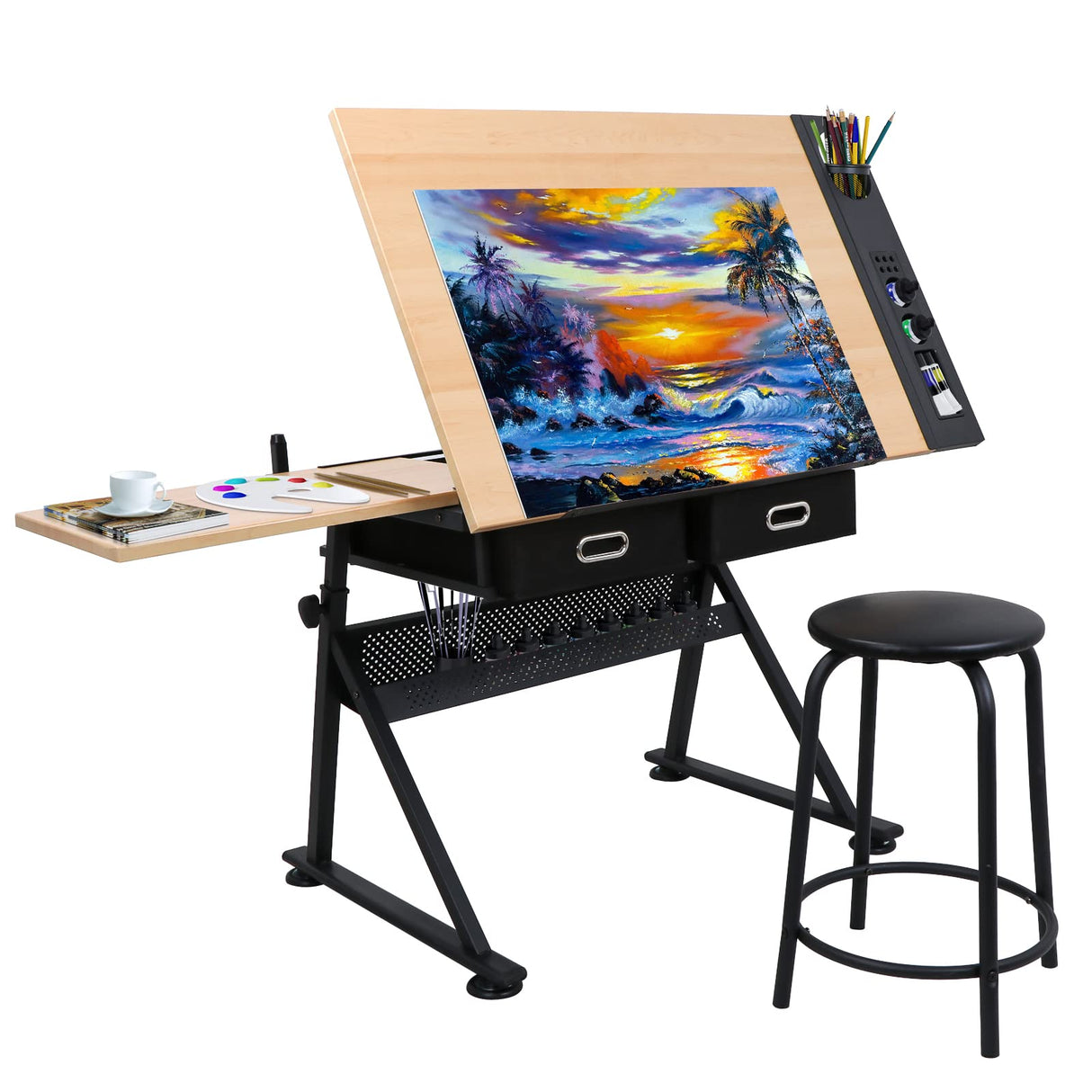 ZENY Drafting Table Art Desk Drawing Table Height Adjustable Artist Table Tilted Tabletop w/Drafting Stool and Storage Drawer for Reading, Writing, ZENY