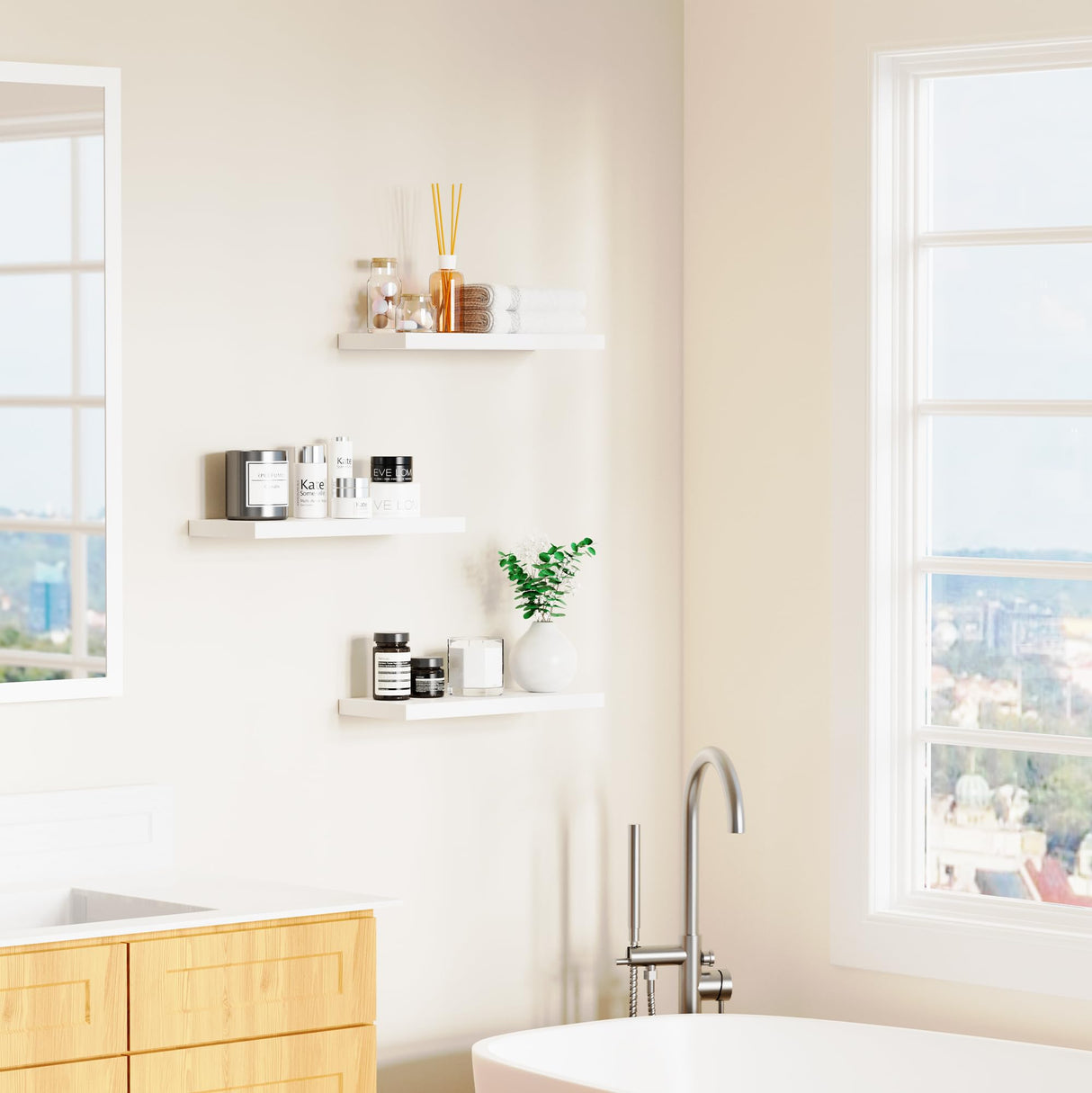 oridom Set of 3 White Floating Shelves for Wall - Modern Wood Display Shelves for Every Room oridom