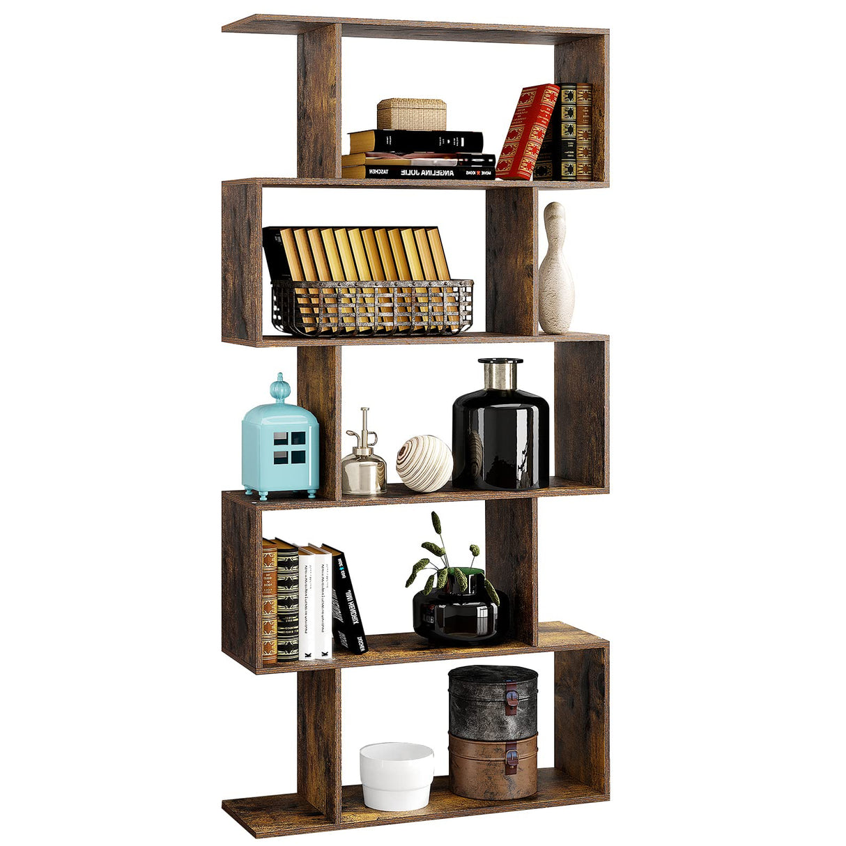 Yusong Rustic Brown 6-Tier S-Shaped Bookcase for Modern Home and Office Décor Yusong