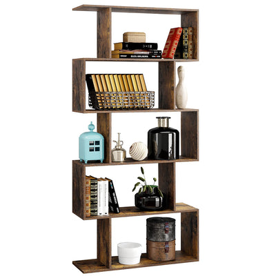 Yusong Rustic Brown 6-Tier S-Shaped Bookcase for Modern Home and Office Décor