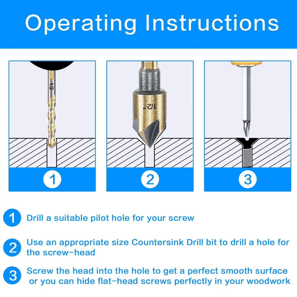 Countersink Drill Bit Set, 5 Pieces High Speed Steel 82 Degree 5 Flute 6mm Round Shank Mill Cutter Bit Countersink in Sizes 1/4” 3/8” 1/2” 5/8” 3/4” DKIBBITH