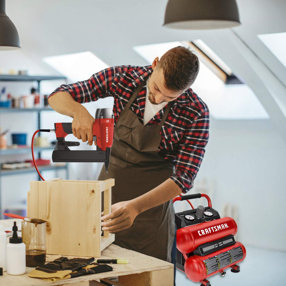 CRAFTSMAN Air Compressor Portable Air Tool Twin Tank 2Gallon, 1/3 HP Oil-Free Max 125 PSI Pressure, Model: CMXECXA0220242, Red Craftsman