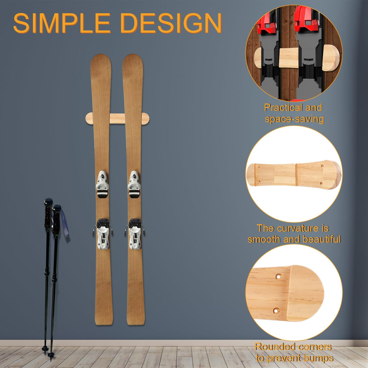 PEUTIER Minimalist Wood Ski Rack, Snowboard Wall Mount Rack Hanger Snowboard Display Rack Snowboard Storage Rack Ski Holder for Room Garage Ski Board PEUTIER