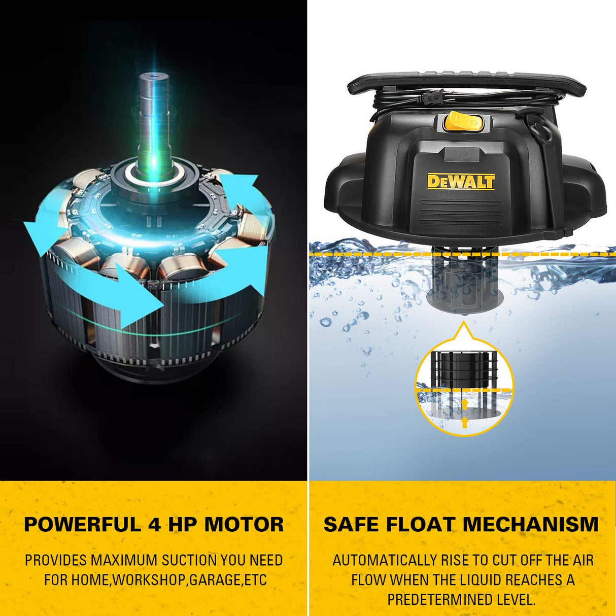 DEWALT DXV05P 5Gallon Poly Wet/Dry, 4 Peak HP Shop Vacuums, 5 Gallon, Yellow+Black DEWALT