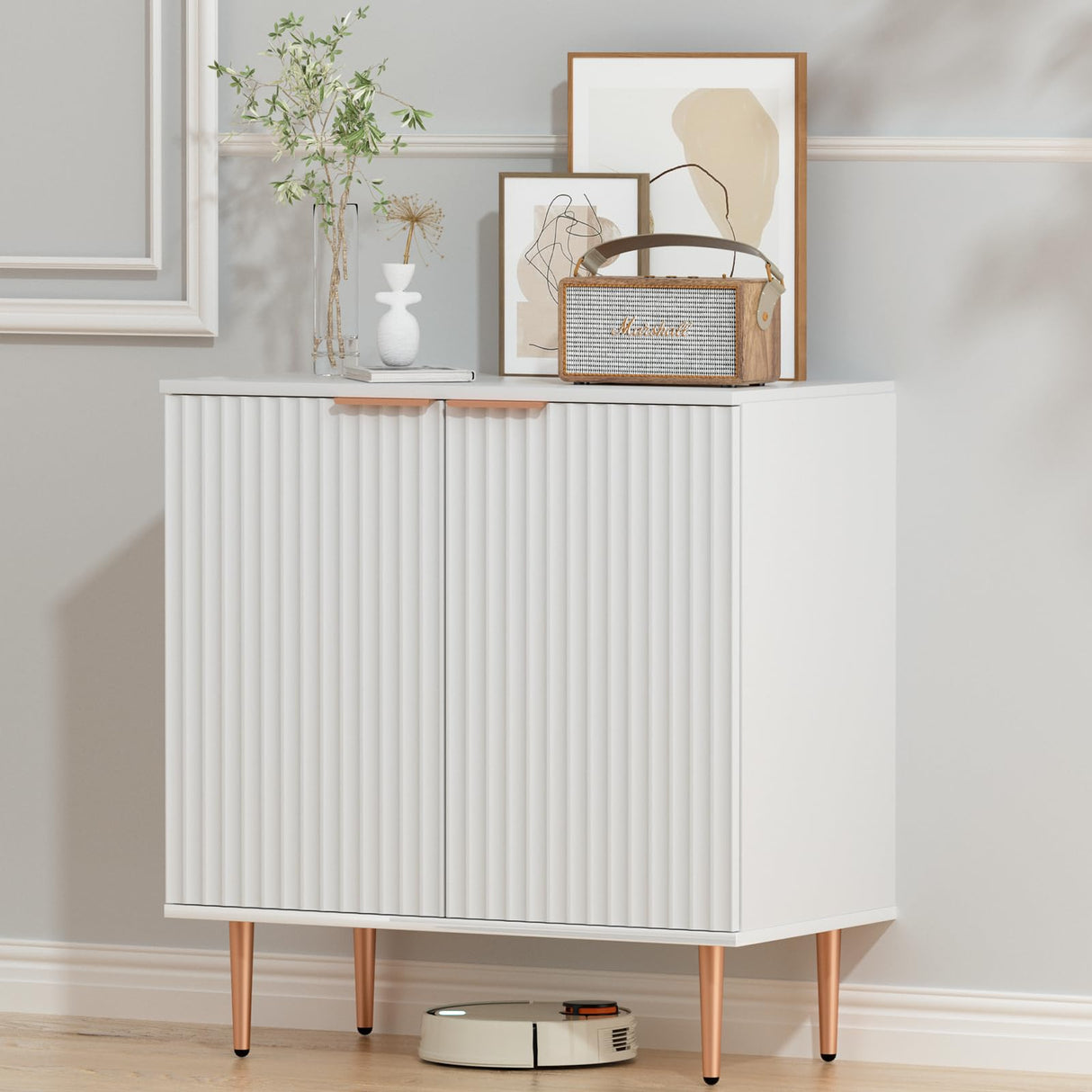 EOYUTLLY White Storage Cabinet,Wood Sideboard Buffet Cabinet with Fluted Textured & Rose Gold Colored Metal Legs, Accent Cabinet for Living EOYUTLLY