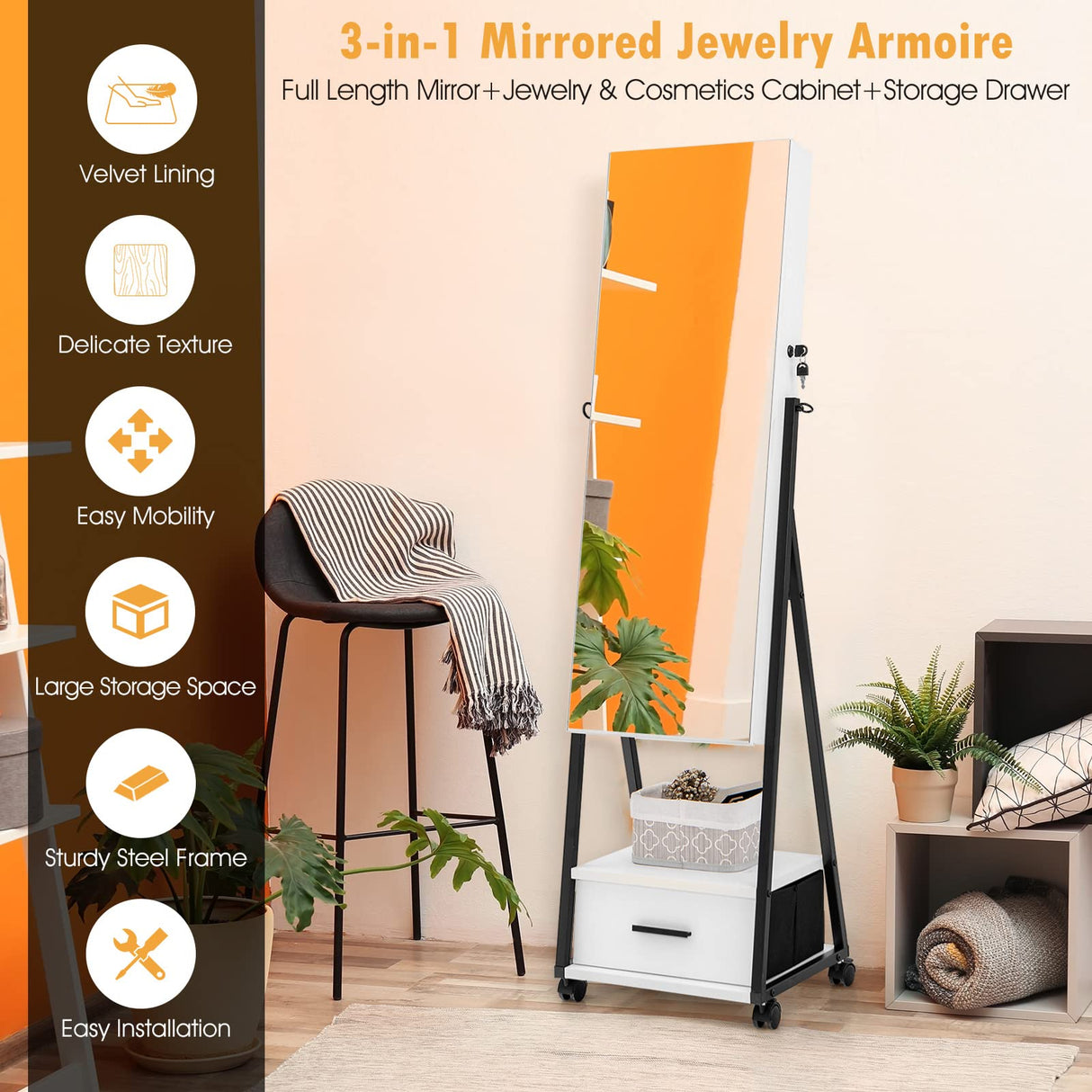CHARMAID Rolling Jewelry Cabinet with Full Length Mirror, Lockable Standing Jewelry Armoire with Wheels, Steel Legs, Lipstick Brush Storage, Jewelry CHARMAID