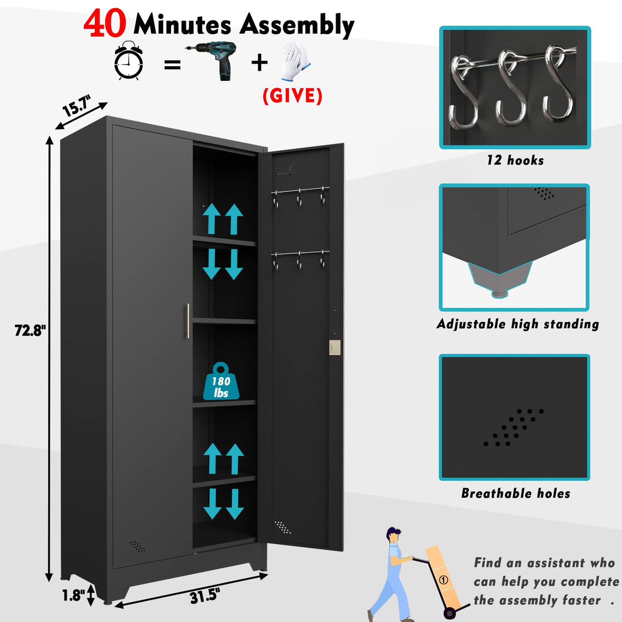 PAOFIN Metal Storage Cabinet,Storage Cabinet with Doors and Shelves,Garage Storage Cabinet with Lock for Office,Home,Garage,Gym,School PAOFIN