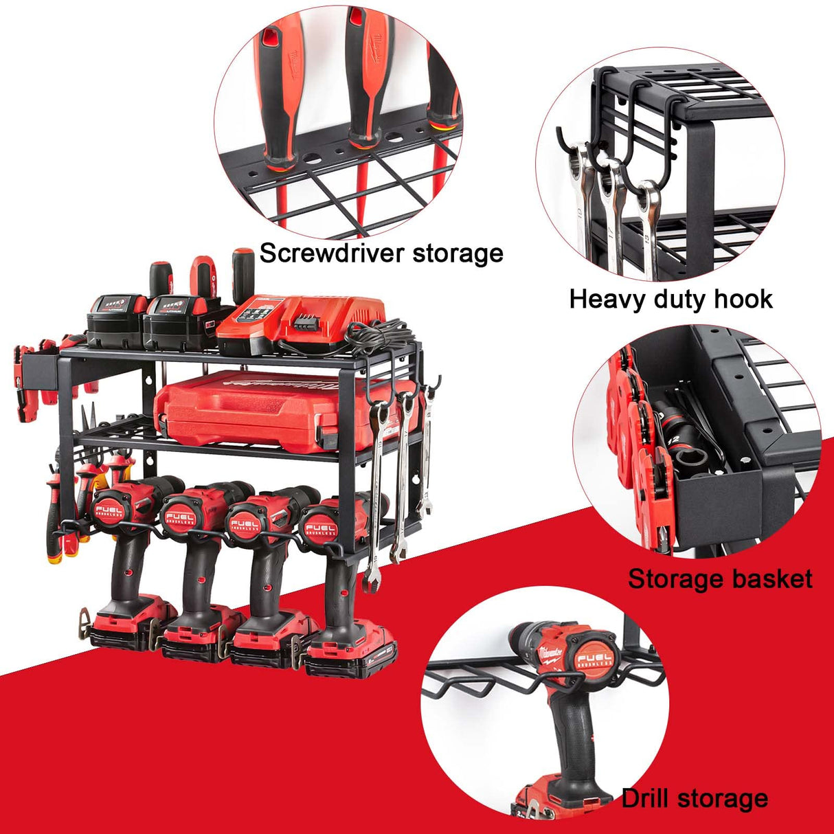 TreeLen Power Tool Organizer Wall Mount, Power Tool Holder 3 Layers Heavy Duty Drill Holder Suitable for Garage, Workshop and Warehouse TreeLen