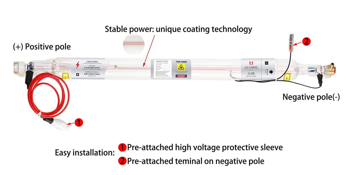 TEN-HIGH CO2 Glass Laser Tube, Unique Upgraded Version Super Easy Installation Stable Power, for Laser Engraving Cutting Machine, Length 700mm TEN-HIGH