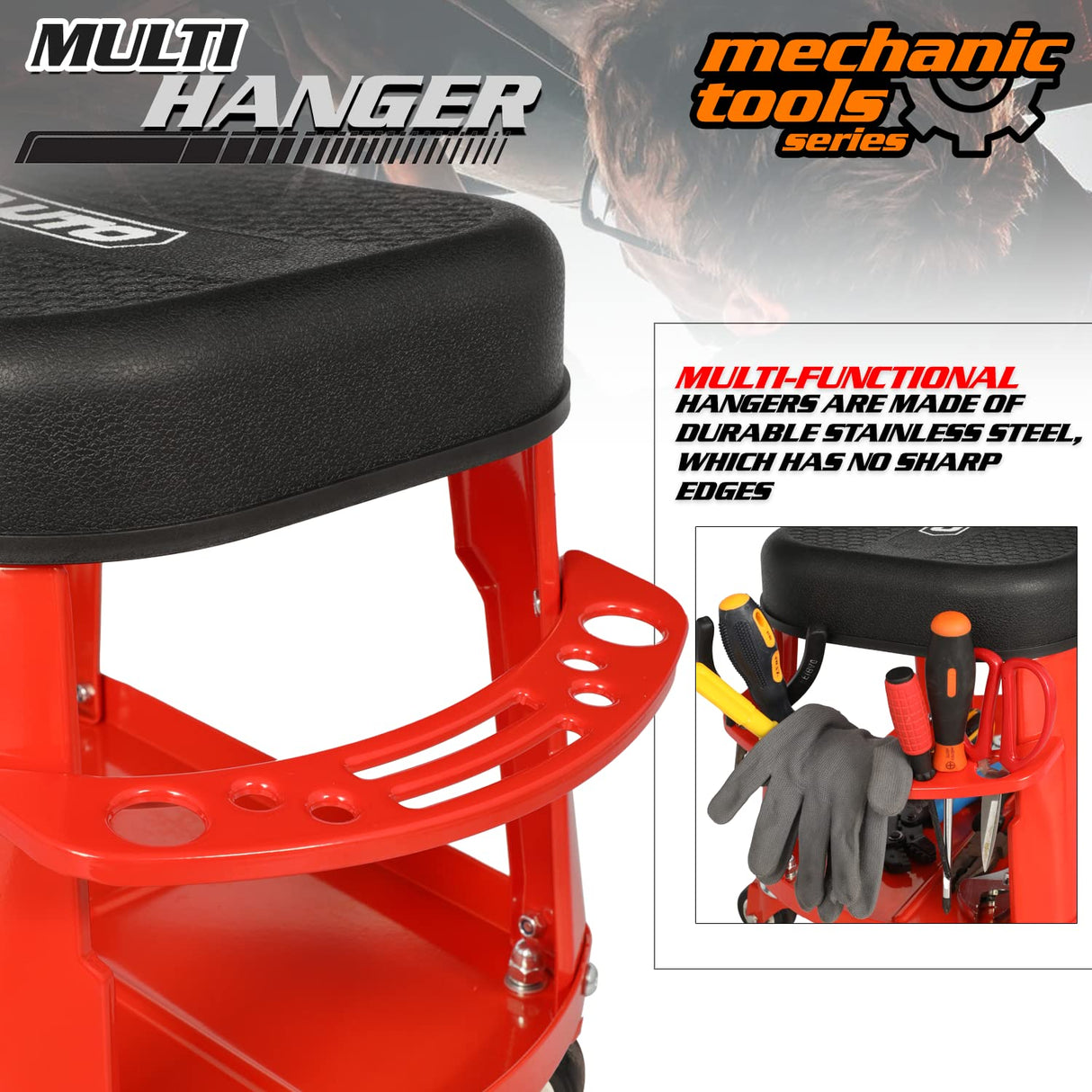 M-AUTO Heavy Duty Garage Rolling Work Seat 300LBS Capacity Mechanics Stool with Wheels, Rolling Work Seat with Equipment Tray and Tool Rack, M-AUTO