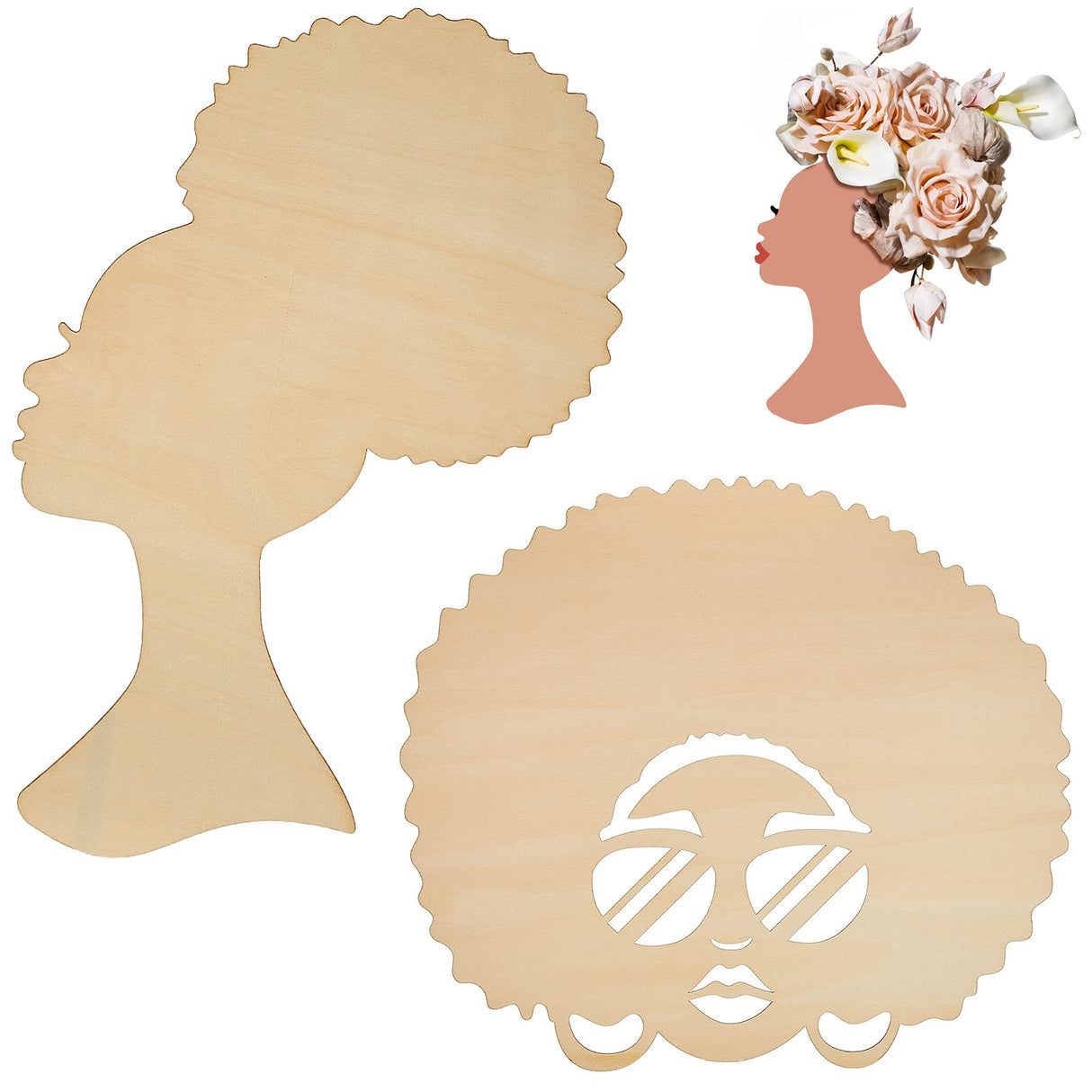 2 Pieces African Girl Wooden Cutouts DIY Wooden Template Silhouette Mother and Child Wreath DIY Template Head Wooden Silhouette for DIY Mother's Day Jetec