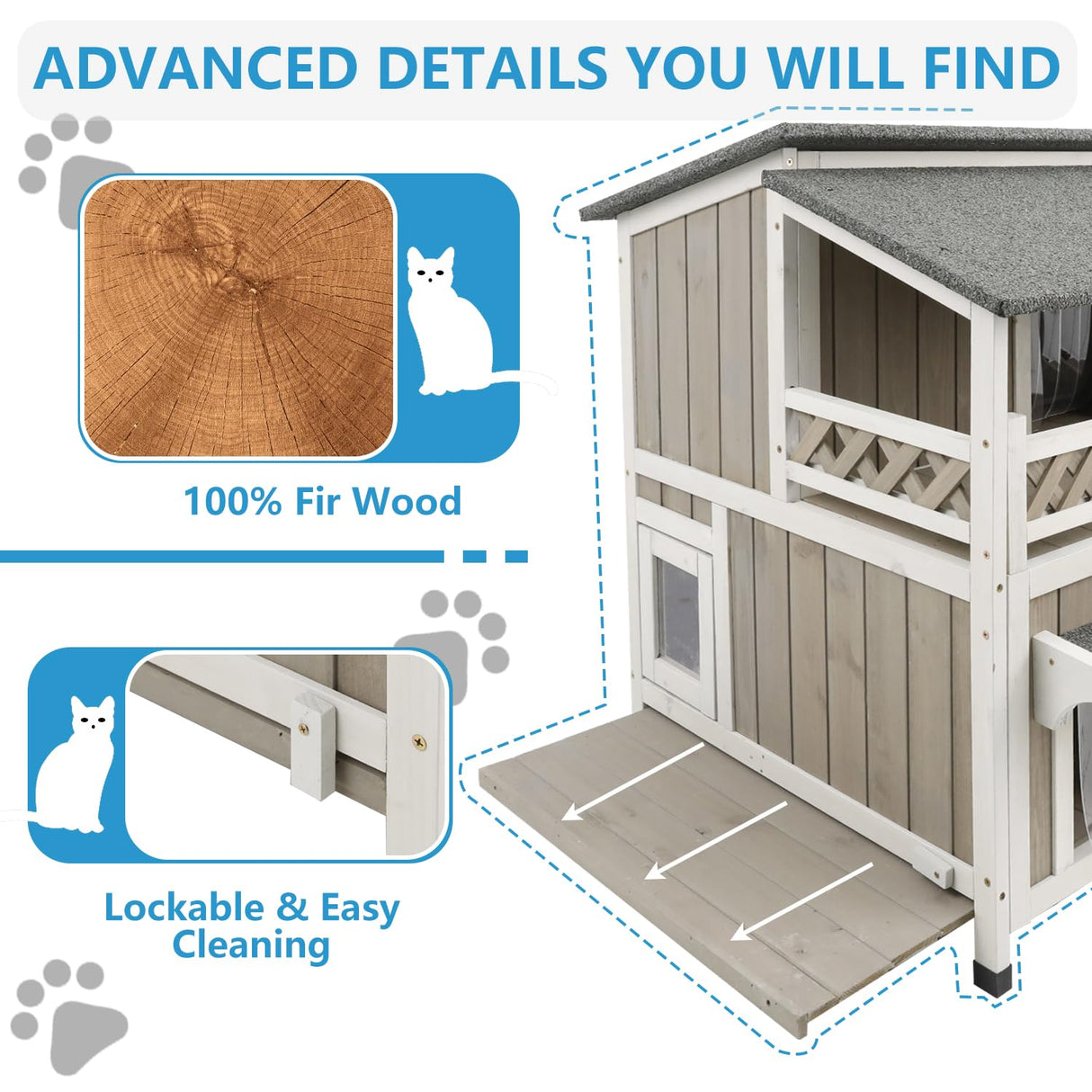 Gowoodhut Feral Cat Shelter Outdoor Weatherproof - Two Story Wooden Cat House Outside Feral Cat House with Balcony Waterproof, Escape Door Gowoodhut