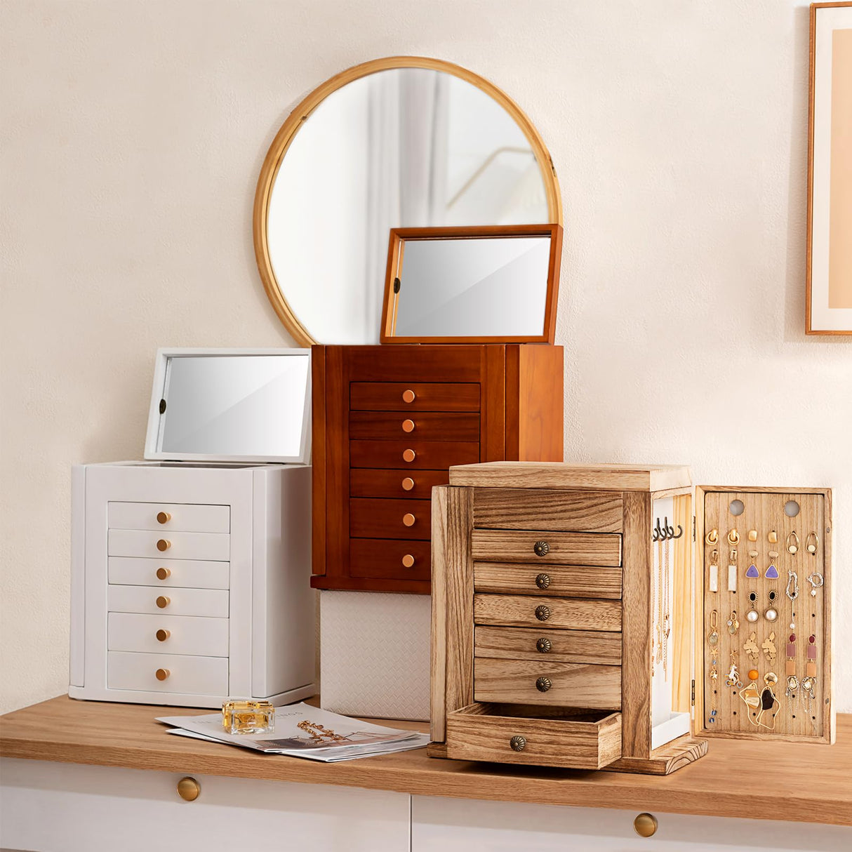 ProCase Large Jewelry Box, 7-Layer Wooden Jewelry Boxes for Women, Jewellery Holder Organizer Storage Case with Mirror for Earrings Bracelet Necklace ProCase