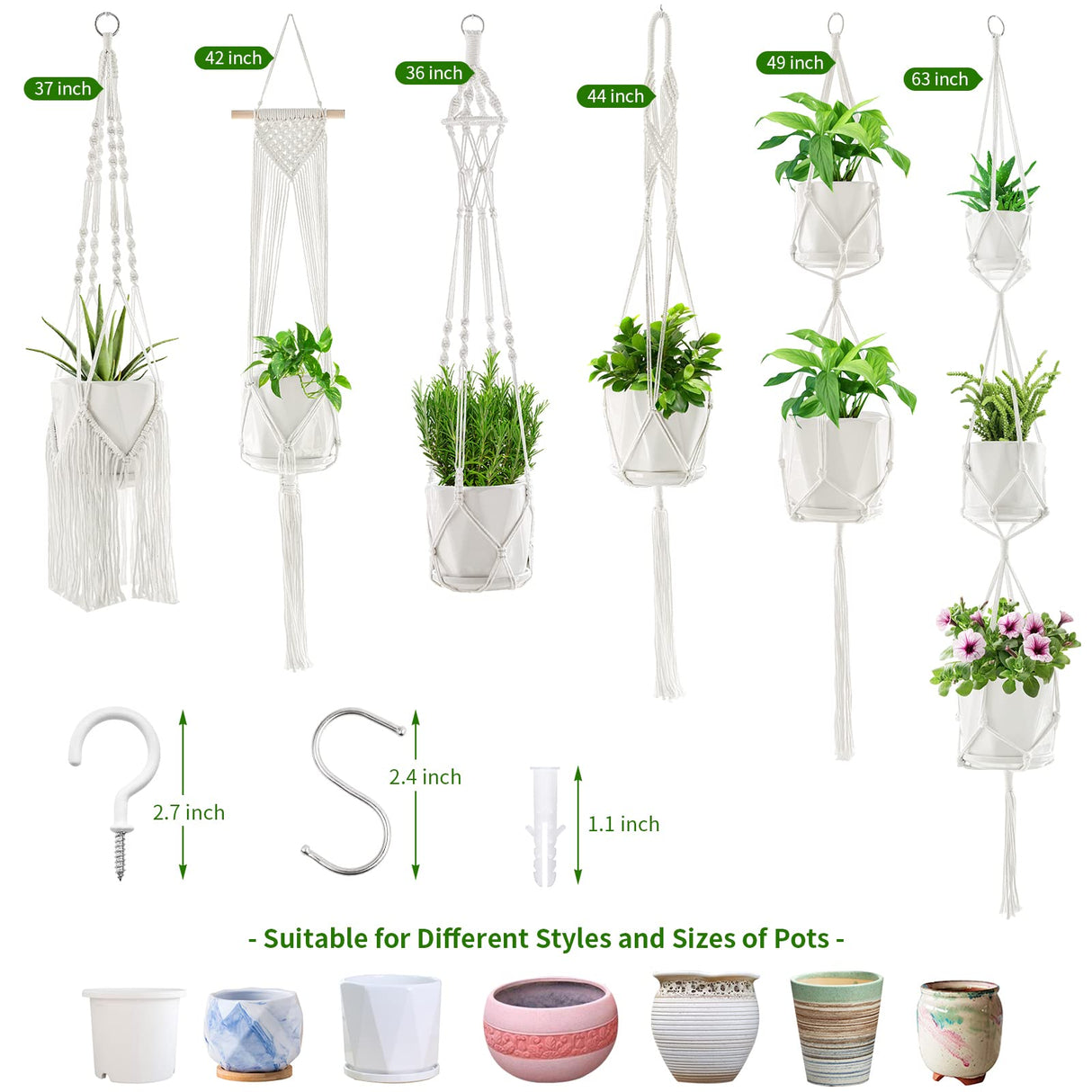 SFENNGPET Macrame Plant Hangers, 6Pack Hanging Planters for Indoor Plants w/ 6 Set Hangers Kit Handmade Macromay Plant Hangers Indoor Flower Pots SFENNGPET