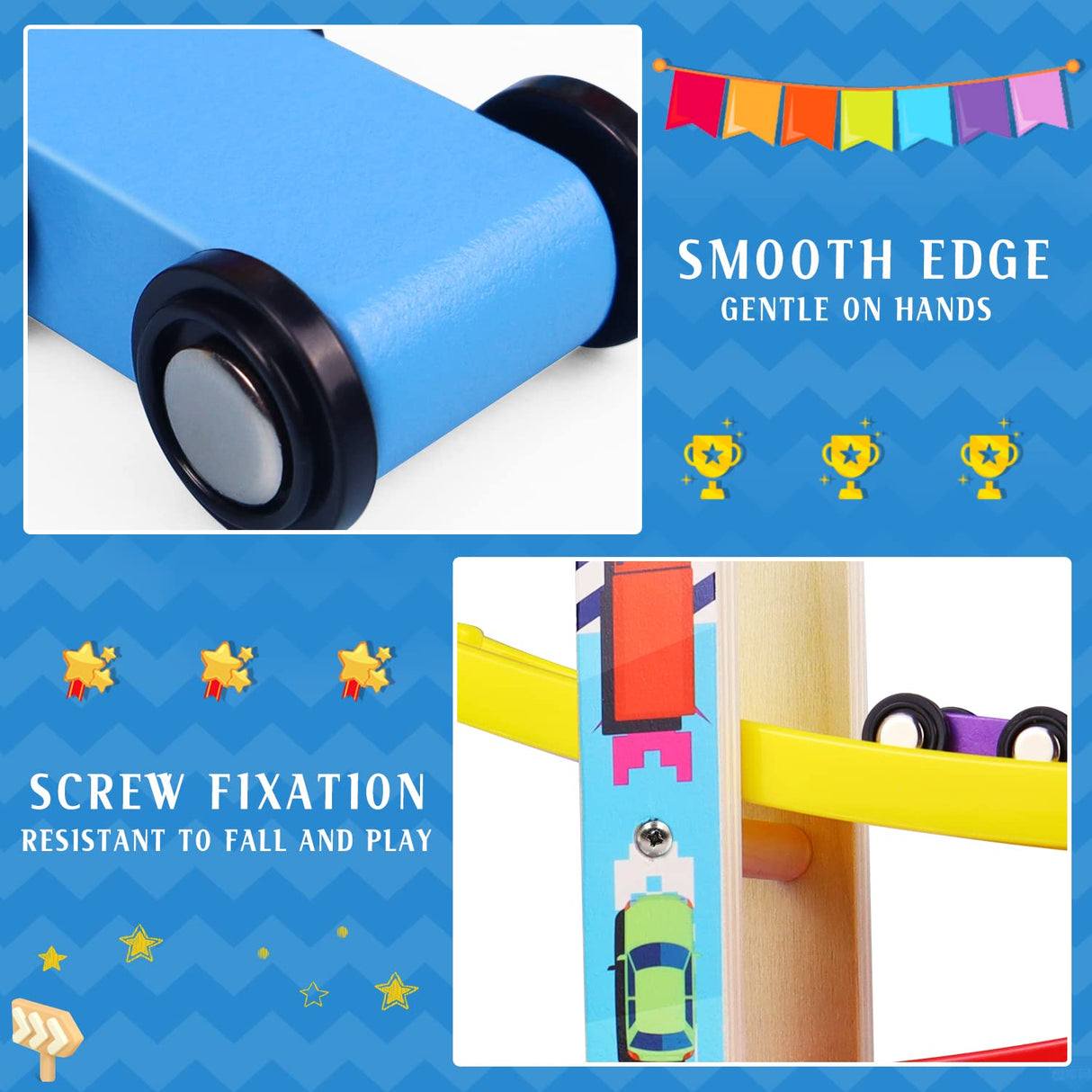 Montessori Toys for Toddlers, Children Race Track Toy with 4 Cars and 1 Wooden Parking Lot, Stable Base, Car Ramp Toy for 2 3 Year Old Boy Girl Gifts Heirio