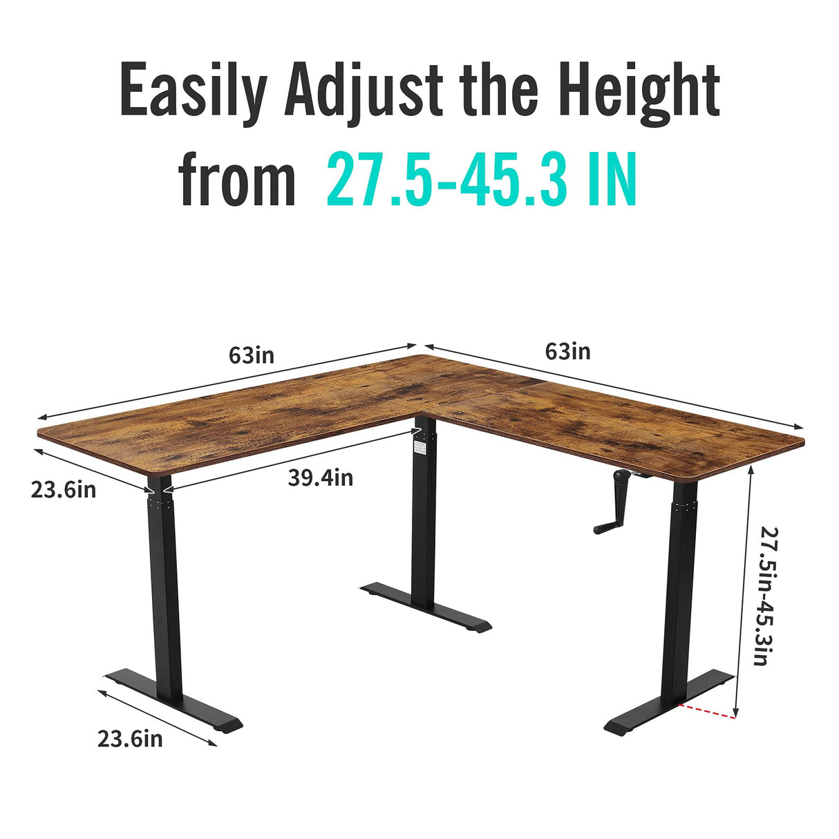 UNICOO – L Shaped Crank Height Adjustable Standing Desk, Sit to Stand up Corner Desk, L-Shaped Standing Workstation (Black Frame/Rustic Brown Top- L UNICOO