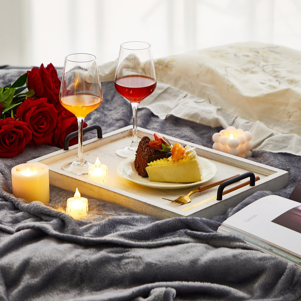 Lallisa 4 Pcs Large Rustic Wooden Serving Tray Rectangular Ottoman Tray with Handles Wood Tray Decorative Serving Trays Platter for Party Coffee Lallisa