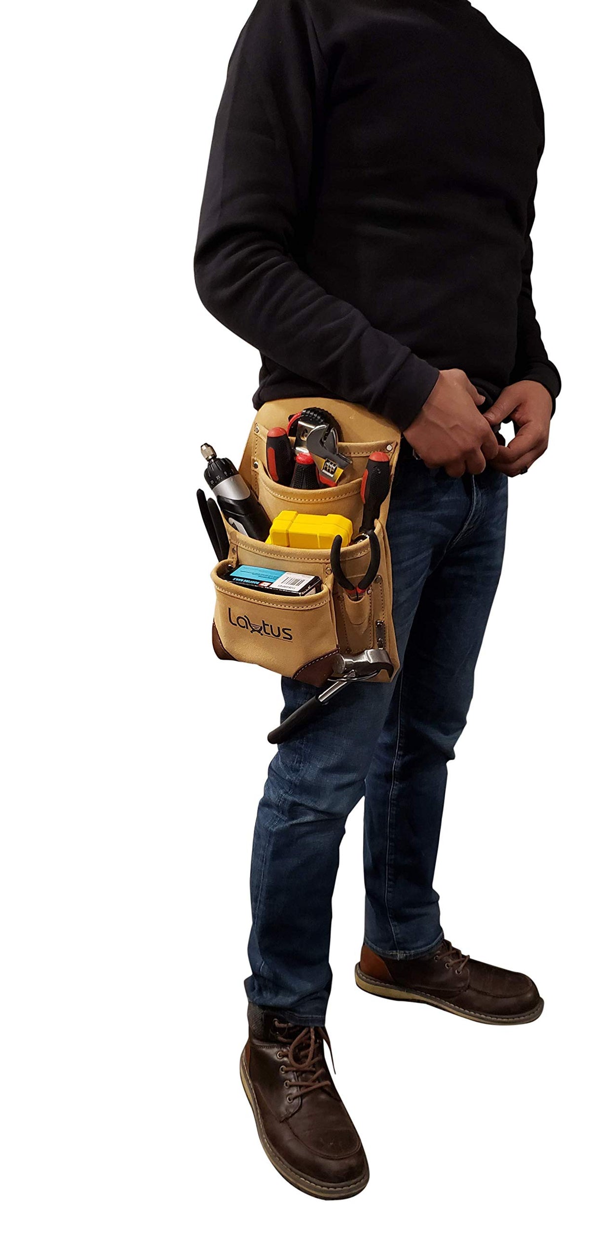 LAUTUS Leather Tool Pouch Bag |Carpenter, Construction, Framers, Handyman |2 Hammer Holders, 10 Pockets| LAUTUS