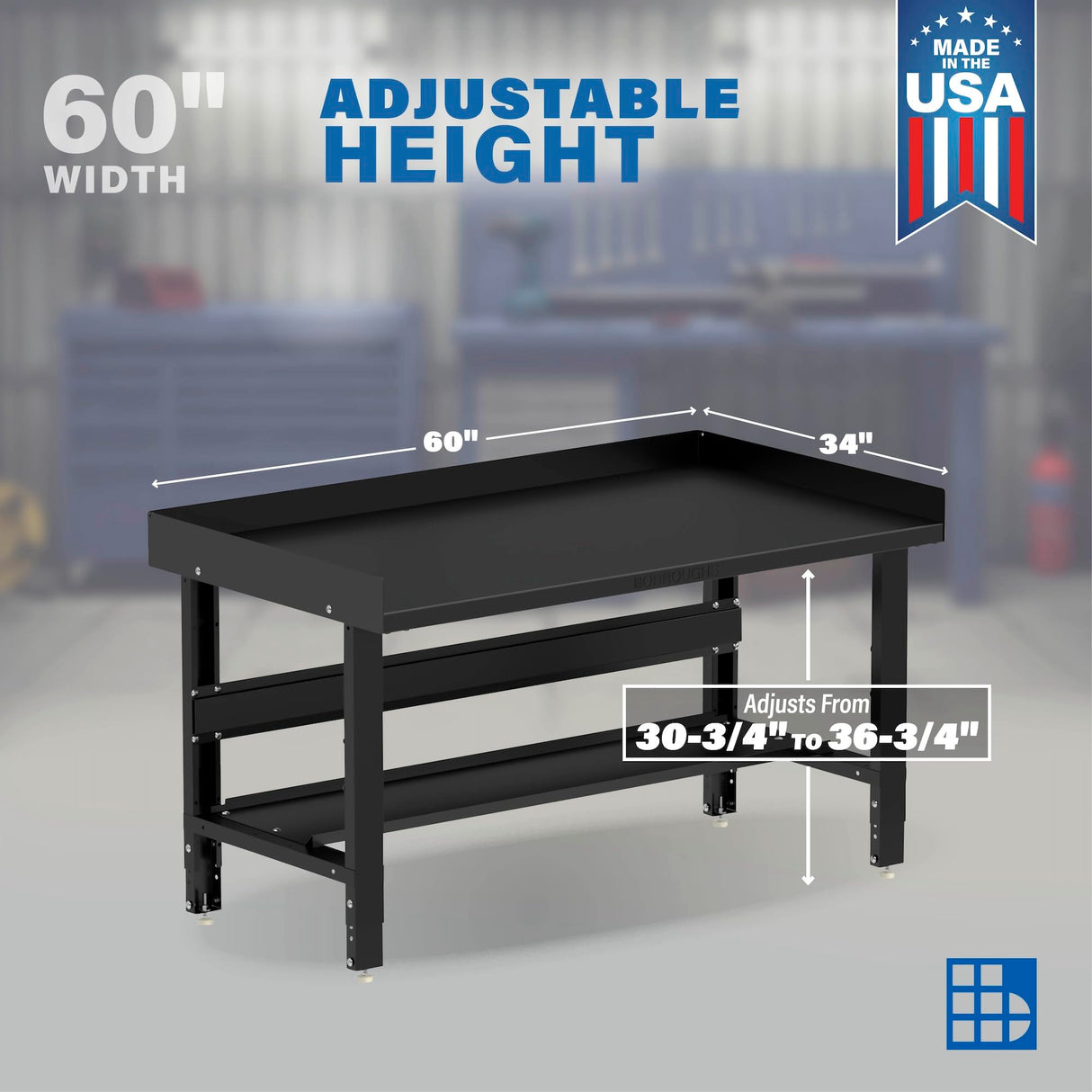 Borroughs® 60" Adjustable Workbench, 12-Gauge Steel Heavy-Duty Workstation with Bottom Shelf & Edge Guards, 2000 LBS Load Capacity Worktable for Borroughs