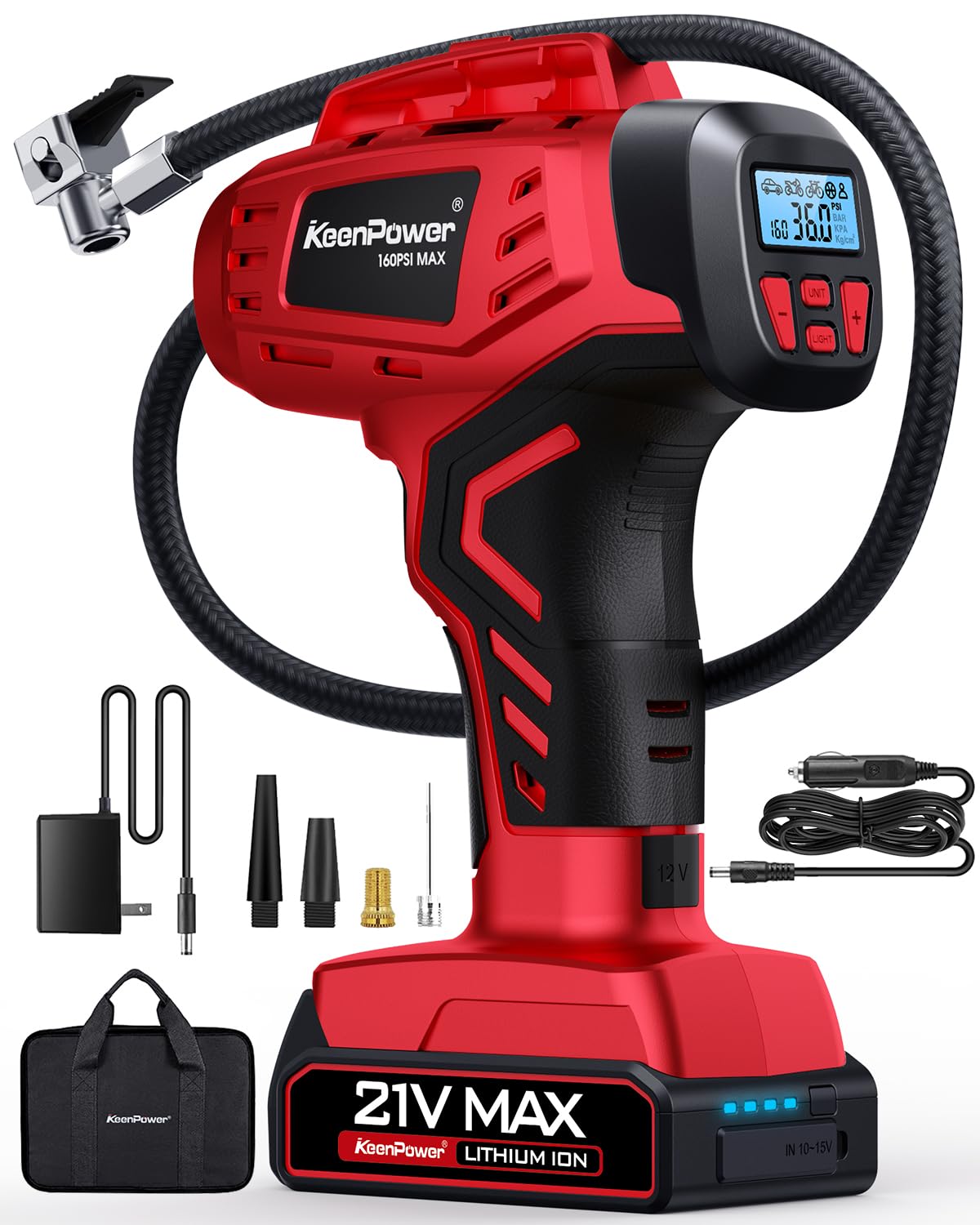 KeenPower Digital Cordless Tire Inflator Portable Air Compressor Automatic 160PSI w/Gauge Screen & 4+N Smart Mode & Dual Power Supply, Rechargeable KeenPower