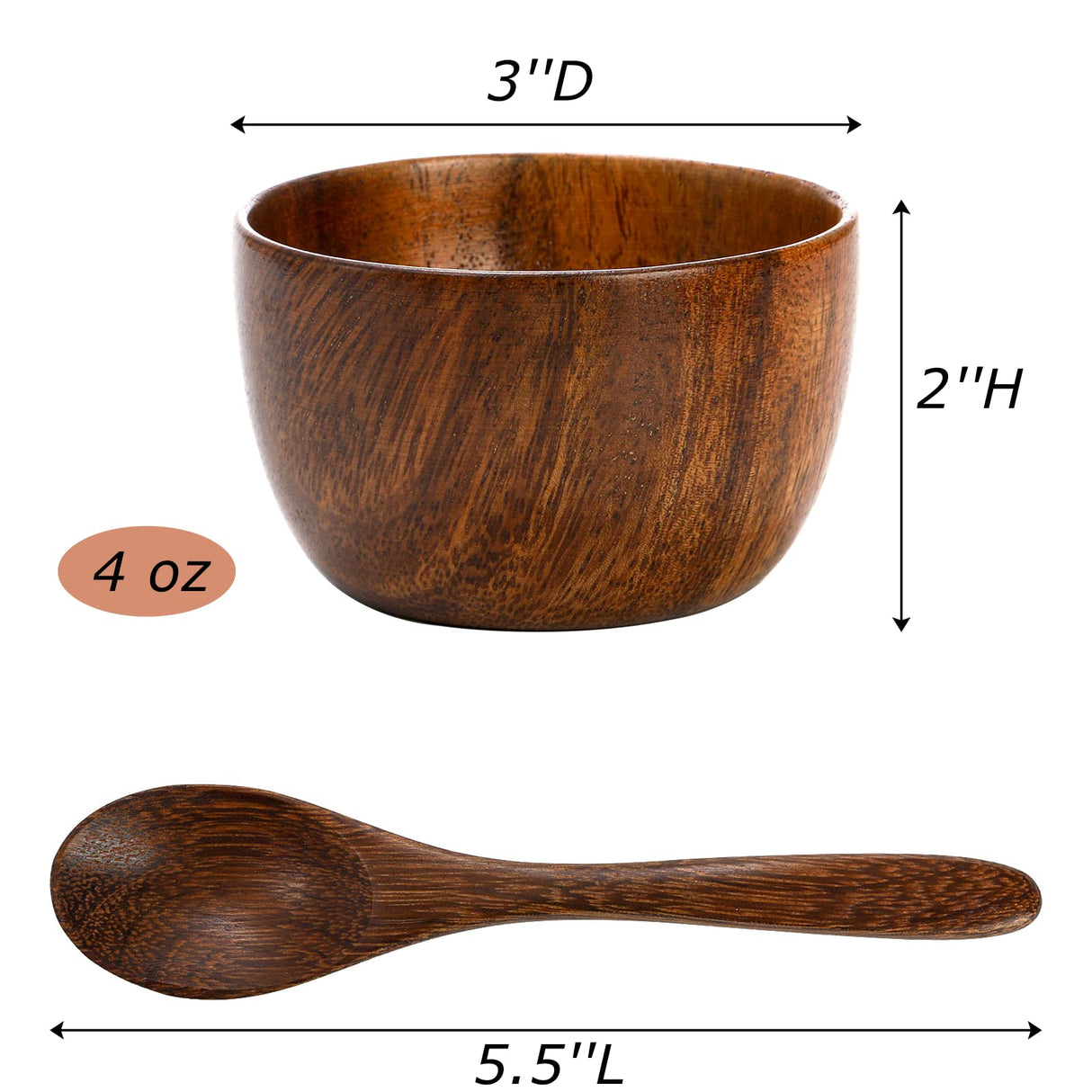 Lyellfe Set of 4 Acacia Wooden Bowl, 4 Oz Dipping Sauce Bowl with Spoon, 3 Inch Small Charcuterie Dish, Soup Water Cup for Condiments, Jam, Nuts, Lyellfe