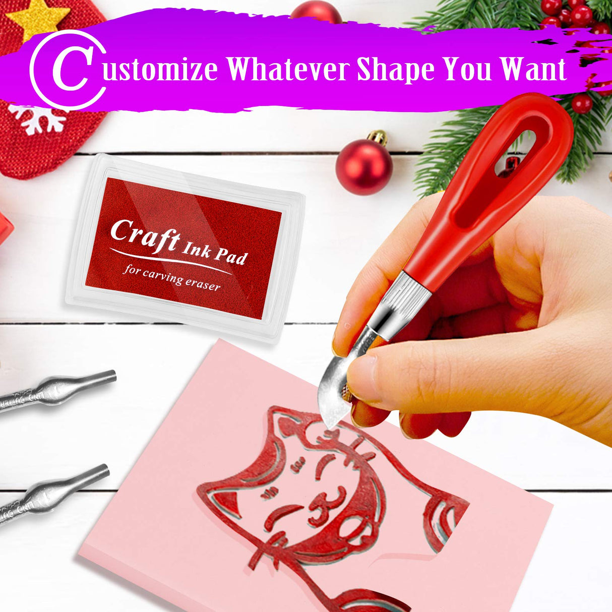 WAYCOM 18 Pcs Rubber Stamp Making Kit,Rubber Carving Block Linoleum Cutter Set Rubber Stamp Carving Block Craft Ink Pad Hobby Knife Pencil for DIY WAYCOM