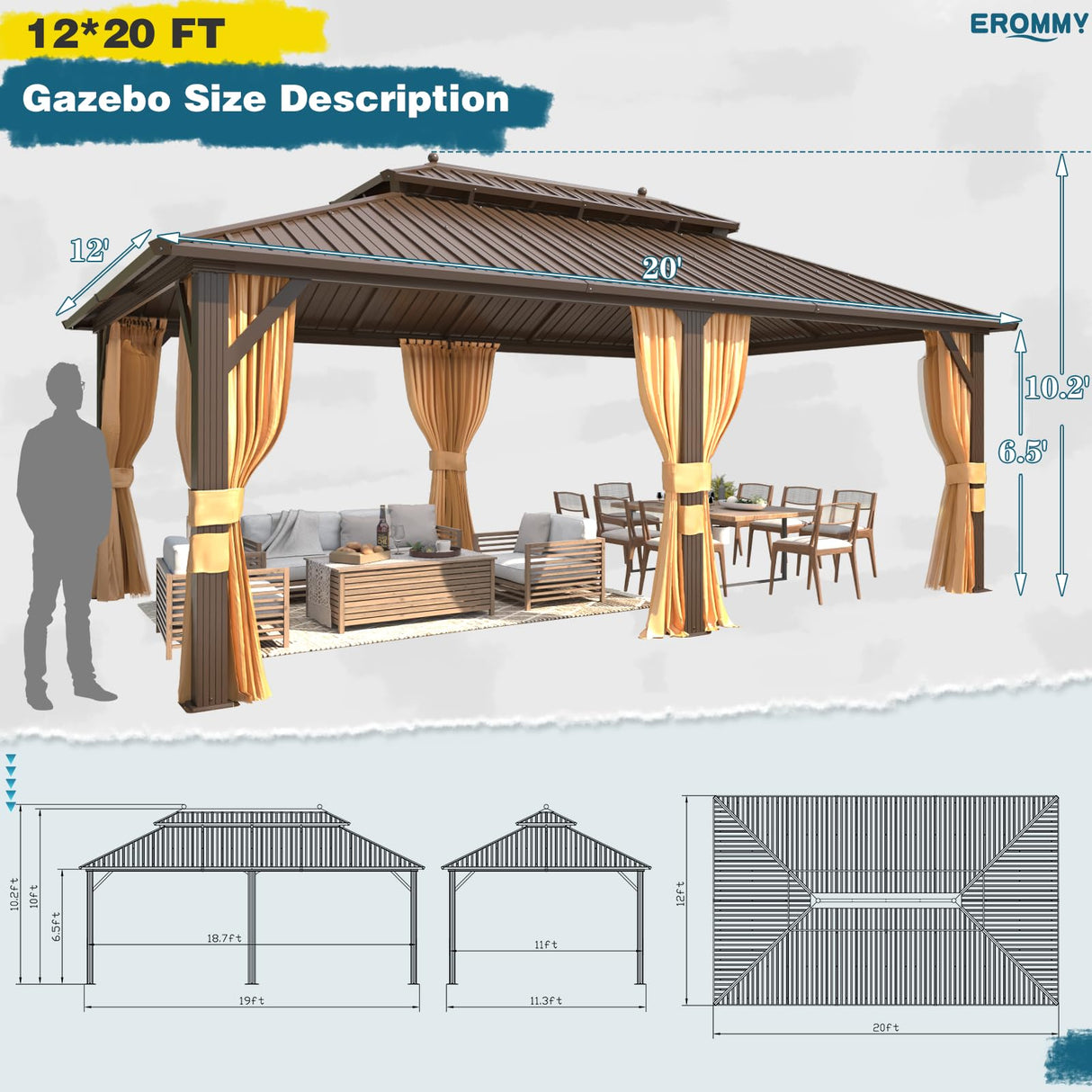 EROMMY 12'x20' Hardtop Gazebo, Galvanized Steel Metal Double Roof Aluminum Gazebo with Curtain and Netting, Brown Permanent Pavilion Gazebo with EROMMY