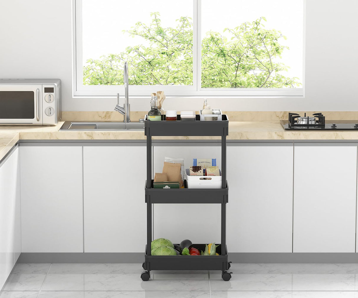 Sooyee 3-Tier Plastic Rolling Utility Cart with Wheels, Multi-Functional Storage Trolley for Office, Living Room, Kitchen, Movable Storage Organizer Sooyee