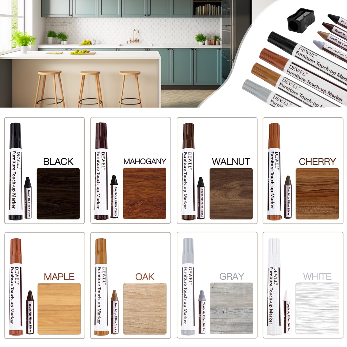 DEWEL Furniture Markers Touch Up, Upgrade Wood Furniture Repair Kit, Premium Wood Scratch Repair Markers and Wax Sticks for Wood Stains Scratches DEWEL