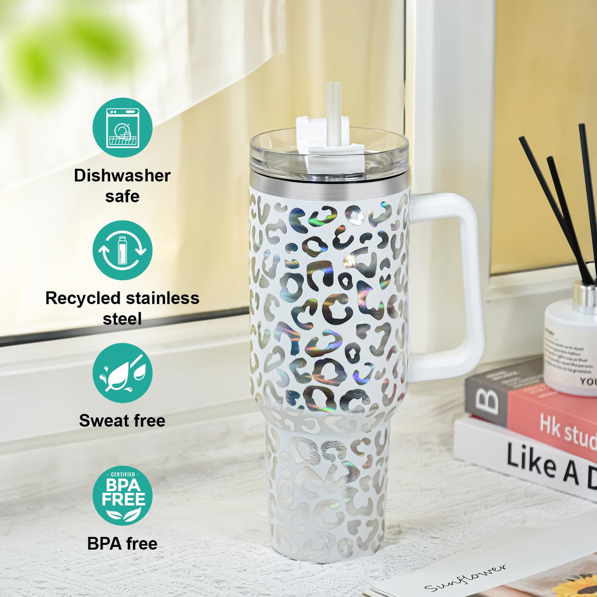 FECBK 40 oz Tumbler with Handle and Straw, 100% Leak-Proof Travel Mug, Stainless Steel Double Wall Vacuum Insulated Coffee Cup Keeps Cold For 34 FECBK