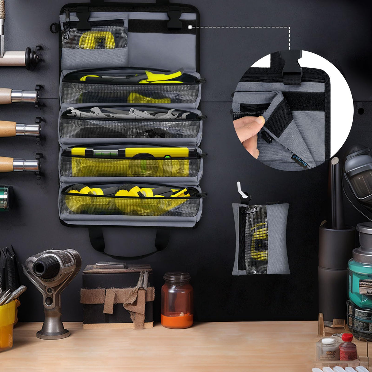 TICONN Tool Roll Bag, Heavy Duty Roll Up Tool Bag Organizer, Portable Visible Tool Storage Bag with 2 Detachable Tool Pouch (Green) TICONN