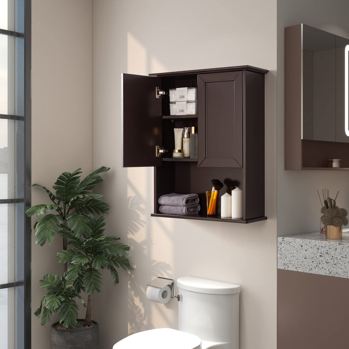 VANIRROR Brown Wall-Mounted Bathroom Cabinet with Adjustable Shelf and Stylish Design VANIRROR