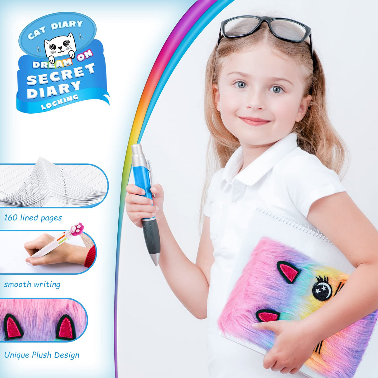 HOMICOZY Cat Diary with Lock and Keys for Girls,Plush Secret Journal for Kids with 160 Lined Pages,Hardcover Fluffy Locking Notebook for Writing and homicozy