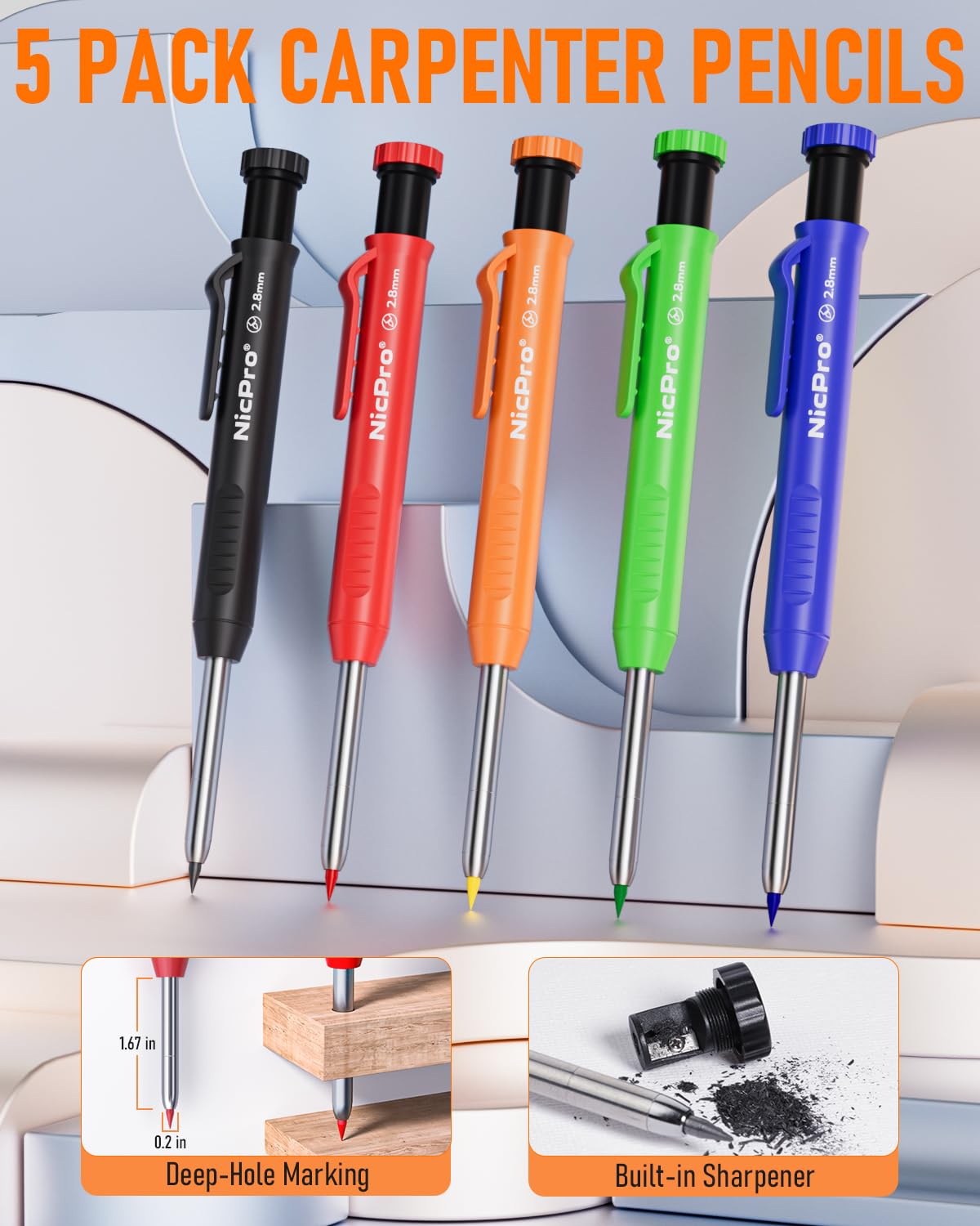 Nicpro 31 Pack Carpenter Pencil Set with Sharpener, Mechanical Carpenter Pencils with 128PCS Refills and Carbide Scribe Tool, Heavy Duty Construction Nicpro