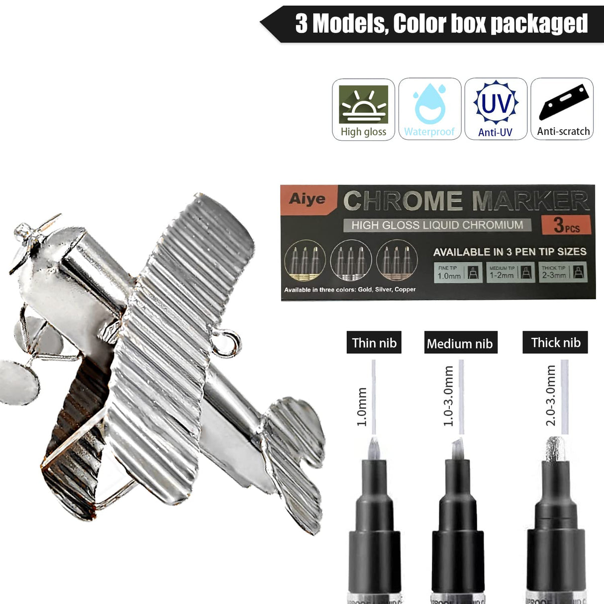 Liquid Mirror Chrome Marker, 3PCS DIY Silver Liquid Chrome Oil-based Paint Marker Pen for Any Surfac PeaMirmy