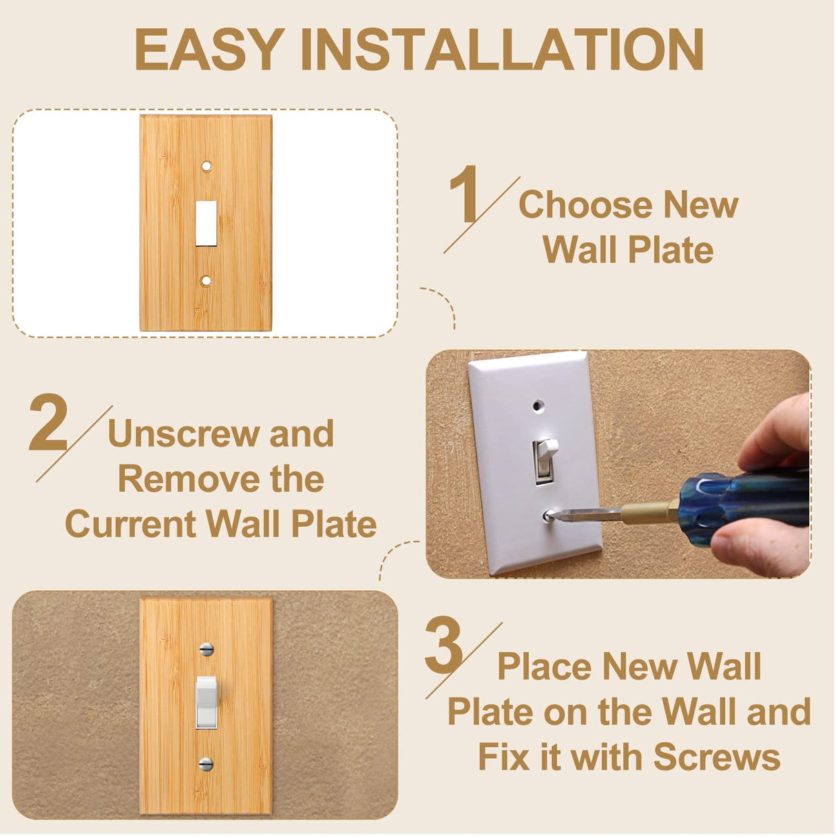 Pinkunn 10 Pieces Solid Wood Light Switch Plate Outlet Covers 4.5 x 2.76 Inch Bamboo Wooden Decorative Wall Plate for Bedroom Kitchen Home (Single Pinkunn