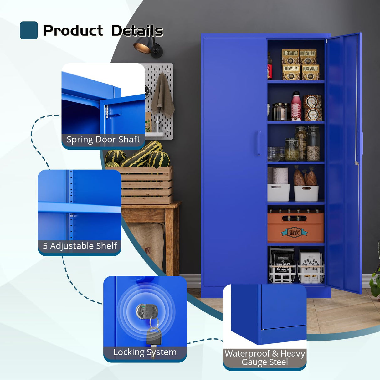 MIIIKO Metal Storage Cabinet with Locking Doors, 72'' Tall Blue Steel Cabinet with 5 Adjustable Shelves, Lockable Metal Utility Cabinet for Garage, MIIIKO