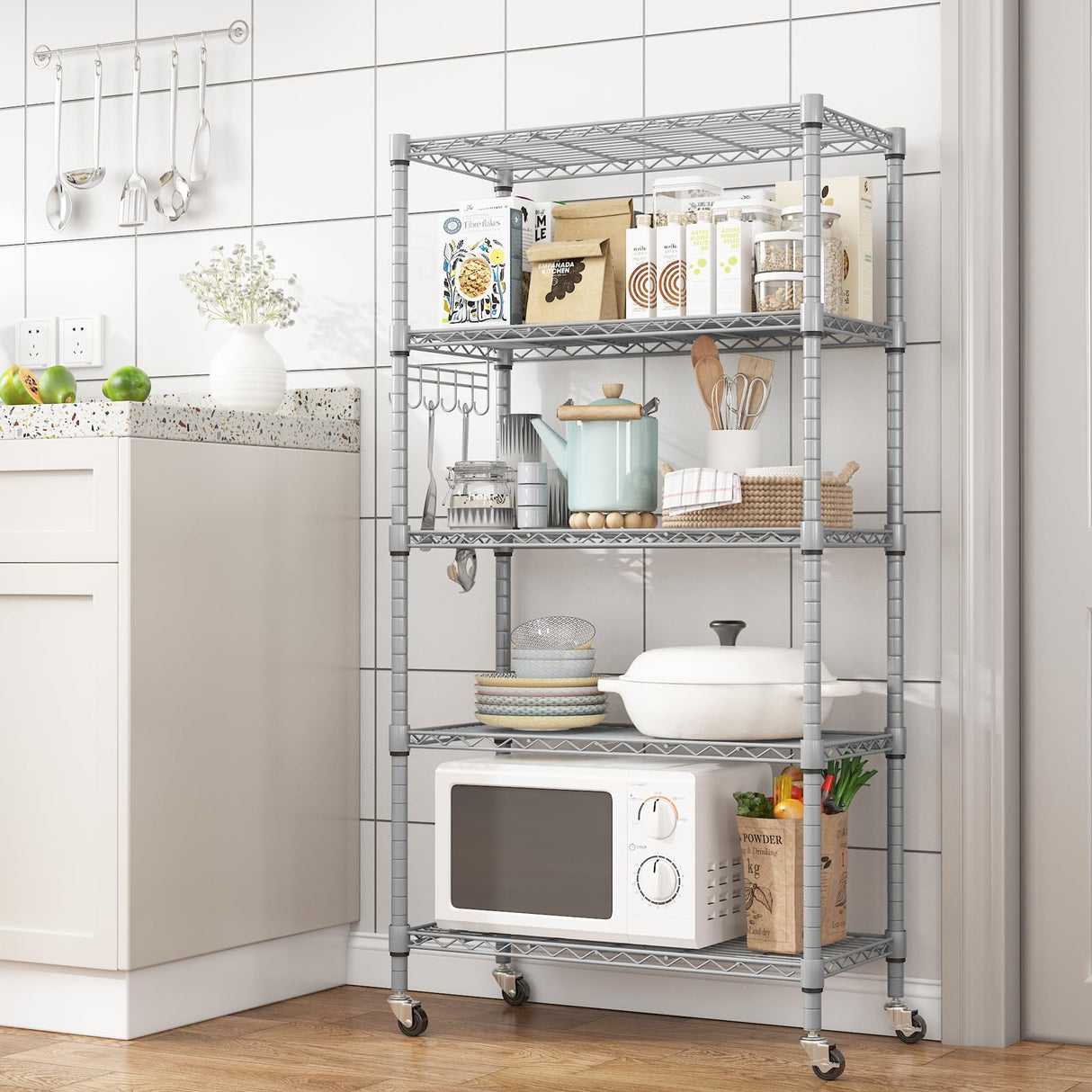 Homdox 5 Tier Adjustable Rolling Storage Shelves, Heavy Duty Wire Storage Racks and Shelving, Metal Shelves for Storage with Side Hooks for Pantry Homdox