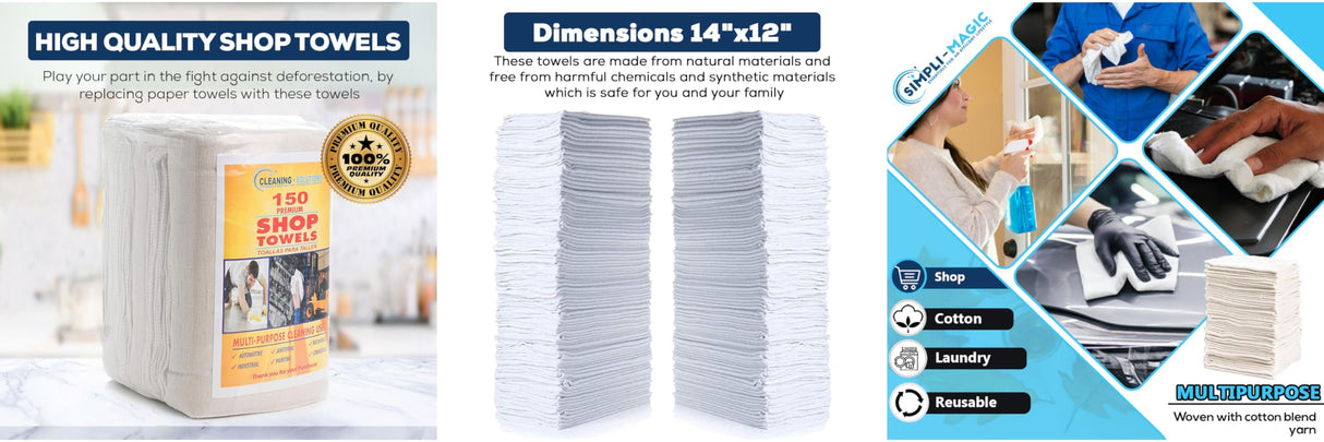 SIMPLI-MAGIC 79142 Shop Towels 14"x12", Pack of 150, Cotton, White SIMPLI-MAGIC