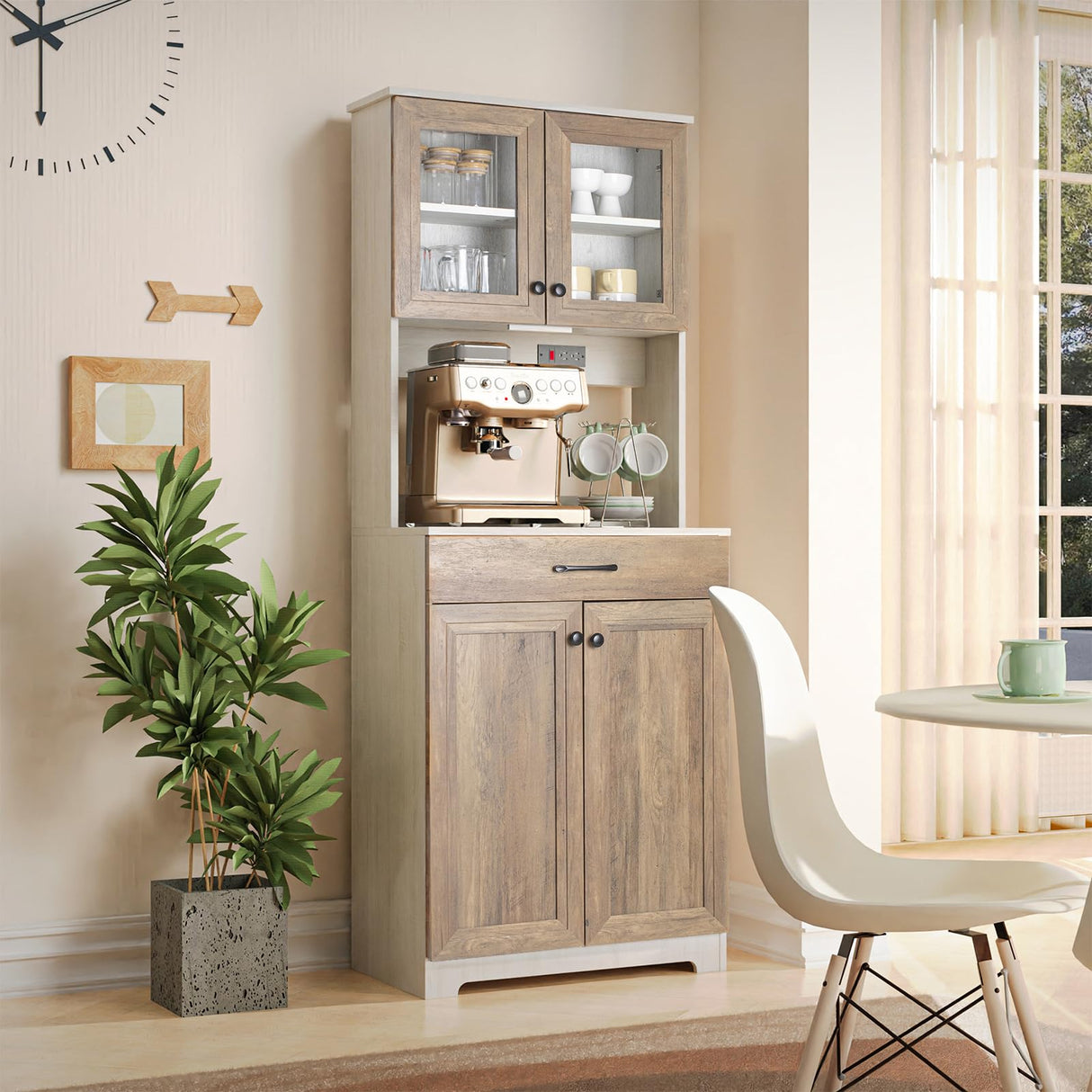 Kitchen Pantry Cabinet, Farmhouse Sideboard Buffet Cabinet with Charging Station and LED Light, Freestanding Kitchen Hutch Storage Cabinet with NEWOWNDS