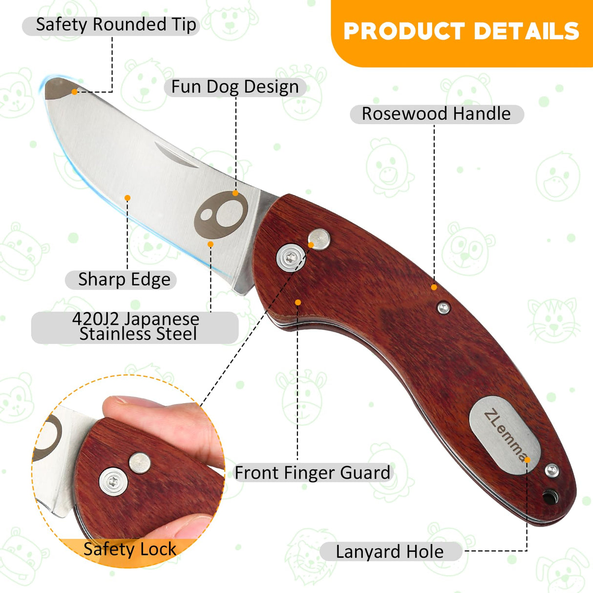 ZLemma Kids Pocket Folding Knife with Safety Rounded Tip, Made Of Japanese Stainless Steel and Rosewood, Children’s First Folding Knife With Sharp ZLemma
