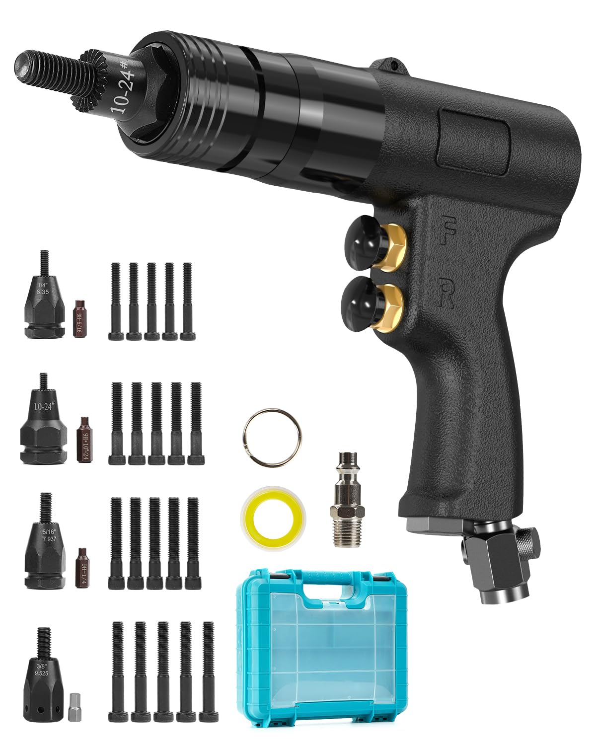 4-in-1 Pneumatic Rivet Nut Gun Set (10-24 & 1/4 & 5/16 & 3/8), Air Nut Insert Installation Tool Assembly Automatic Nutsert Gun with 4pcs Quick-Change WonVon