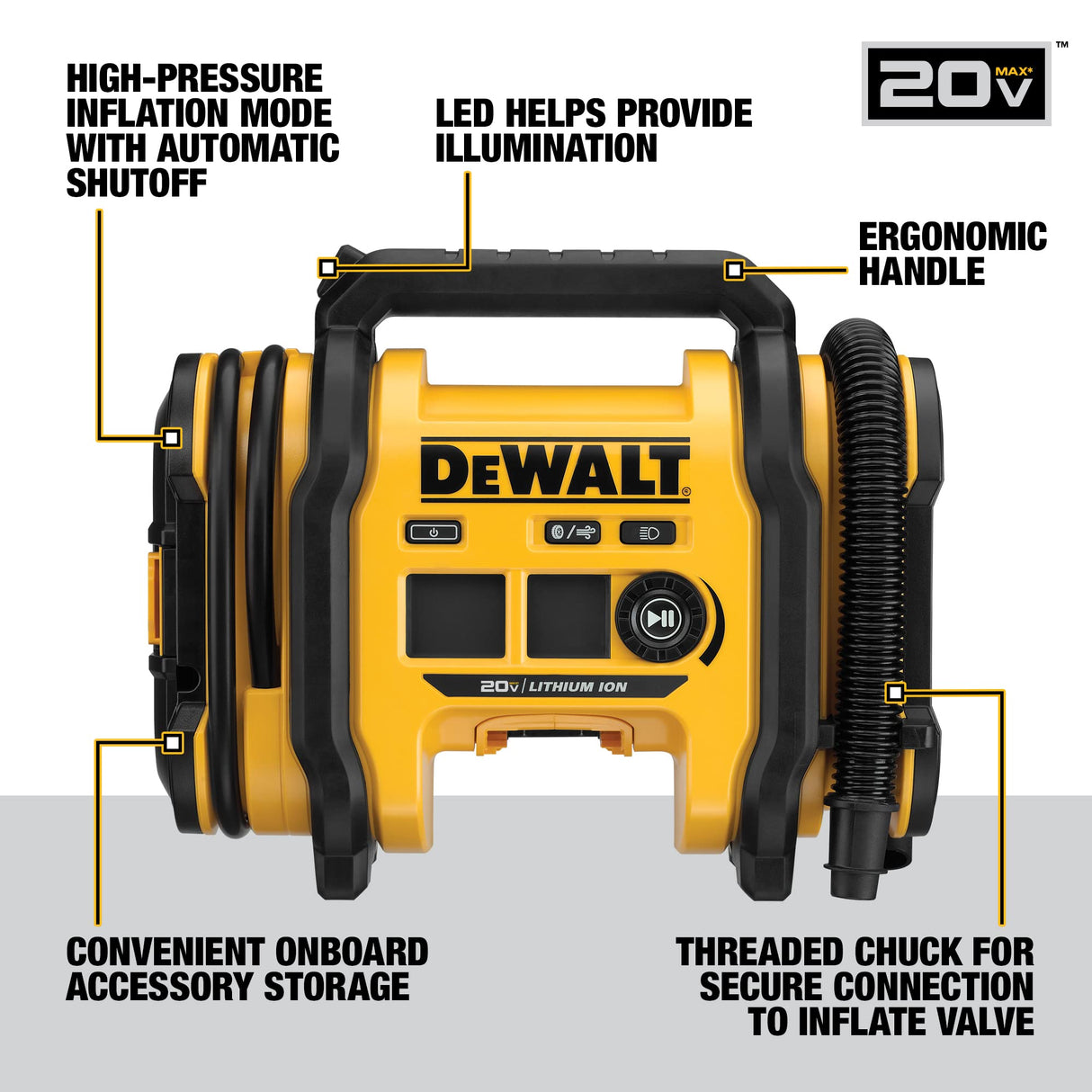 DEWALT 20V MAX Tire Inflator, Compact and Portable, Automatic Shut Off, LED Light, Bare Tool Only (DCC020IB) DEWALT
