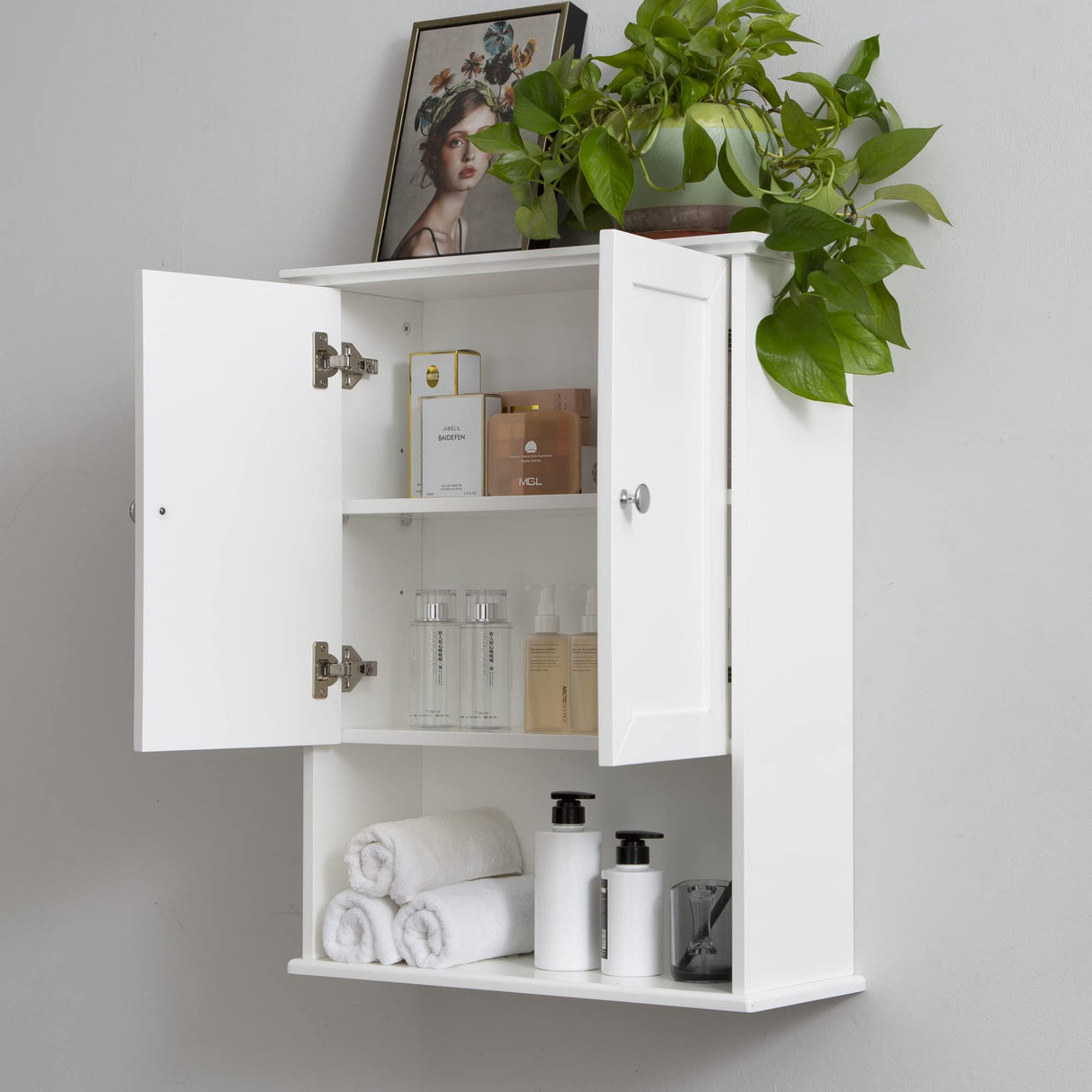 VANIRROR White Over-The-Toilet Storage Cabinet with Adjustable Shelves and Soft-Close Hinges VANIRROR