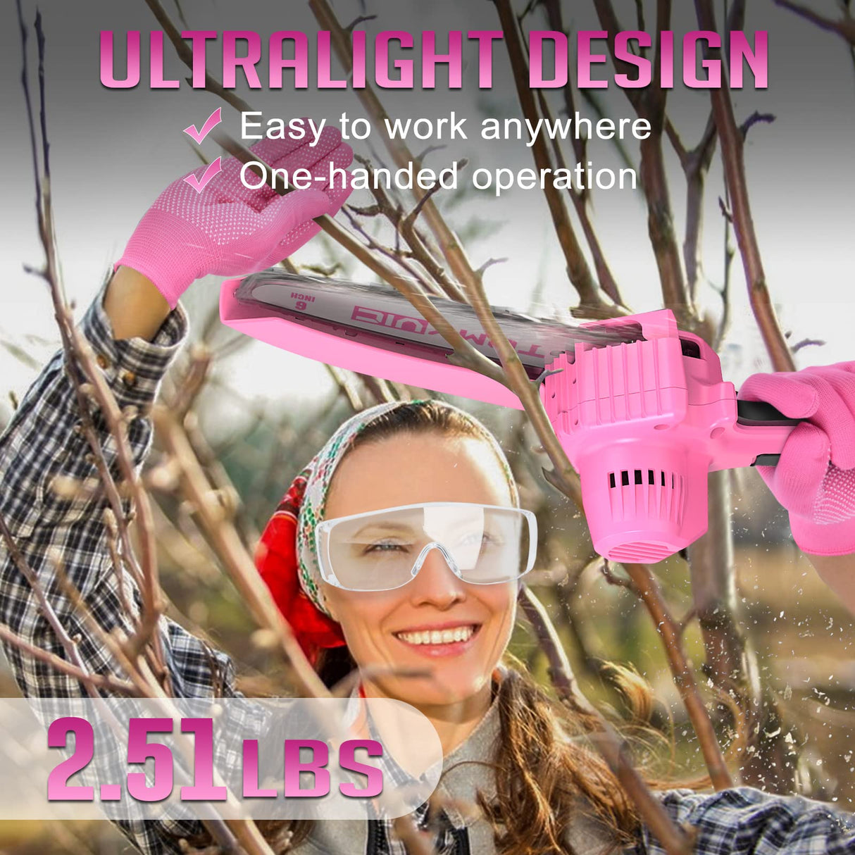 Mini Chainsaw 6-Inch Battery Powered - Pink Cordless Electric Handheld Chainsaw with 2 Rechargeable Batteries - 21V Small Power Chain Saws Battery Tomyvic