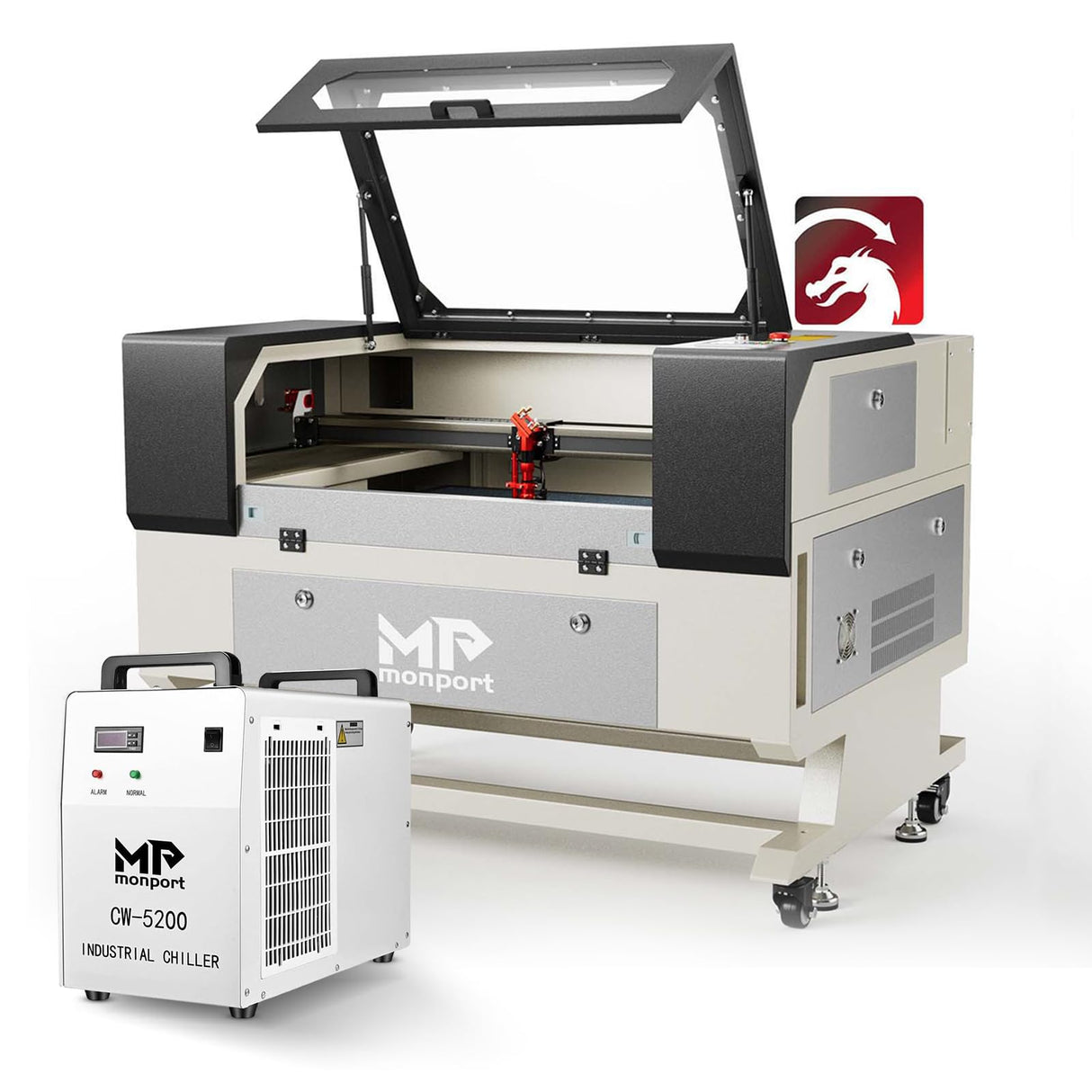 Monport Upgraded Fireproof Auto Focus 60W CO2 Laser Engraver & Cutter with Large Working Area (20" x 28"),with 6L CW-5200 Industrial Water Chiller Monport