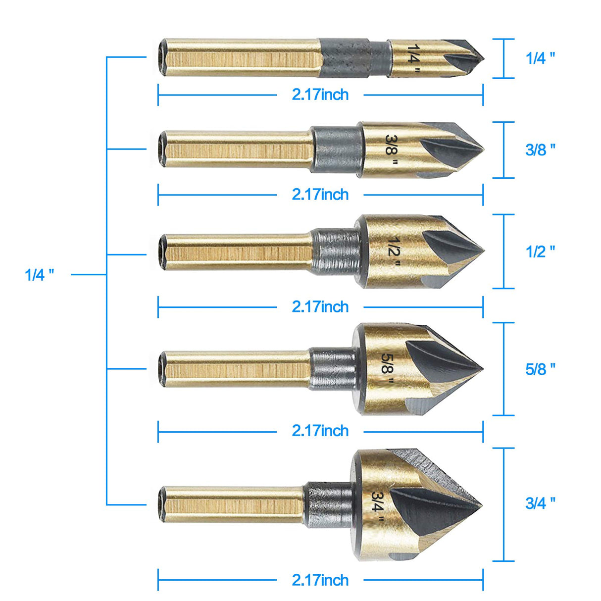 Countersink Drill Bit Set, 5 Pieces High Speed Steel 82 Degree 5 Flute 6mm Round Shank Mill Cutter Bit Countersink in Sizes 1/4” 3/8” 1/2” 5/8” 3/4” DKIBBITH