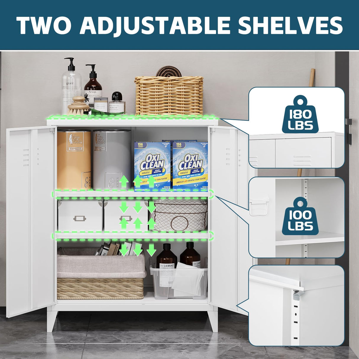 MIIIKO Metal Locker with 2 Doors, White Storage Sideboard Accent Cabinets for Kitchen, Pantry, Home Office and Bedroom MIIIKO